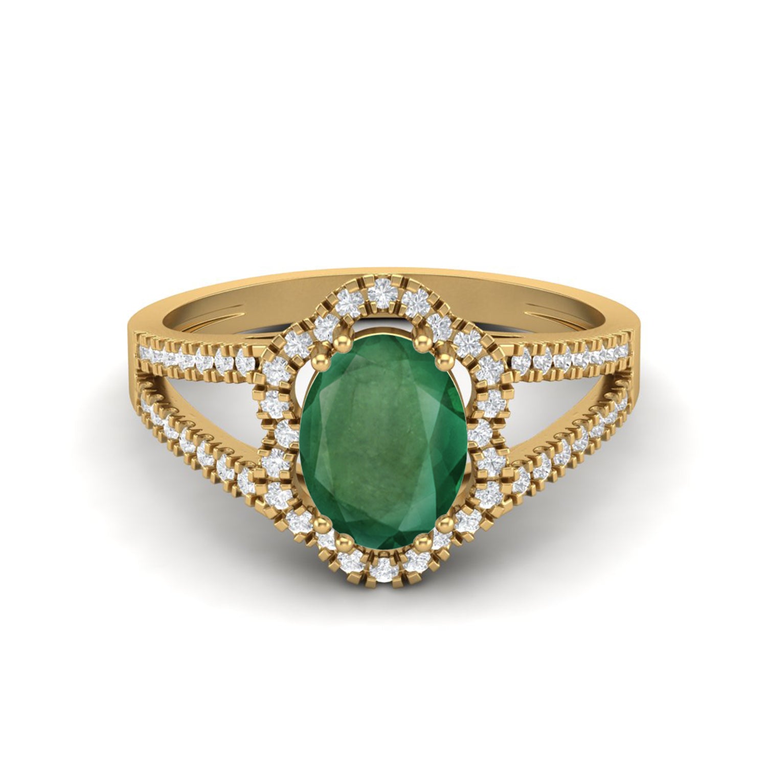 Emerald Halo Split Shank Ring – Sterling Silver