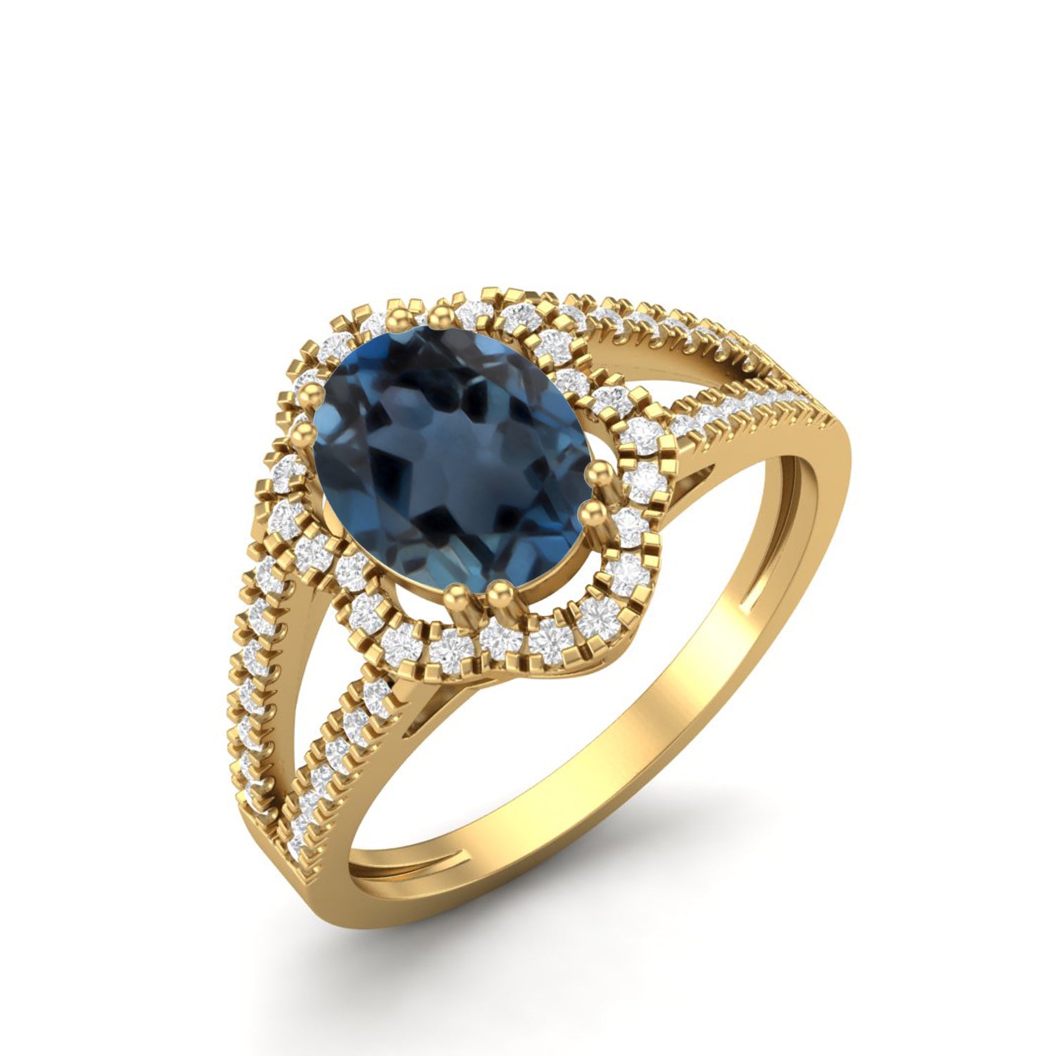 London Blue Topaz Double Halo Split Shank Ring – Sterling Silver