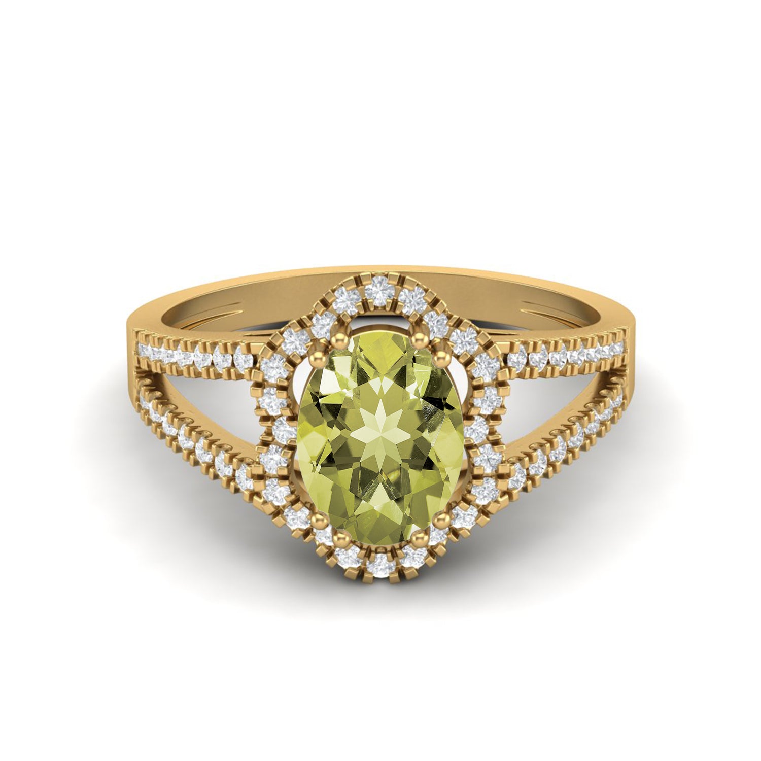 Lemon Quartz Split Shank Halo Ring - Sterling Silver