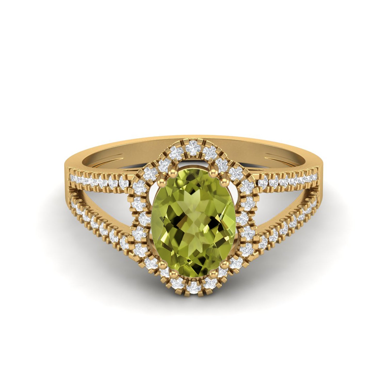 Peridot Split Shank Halo Ring - Sterling Silver