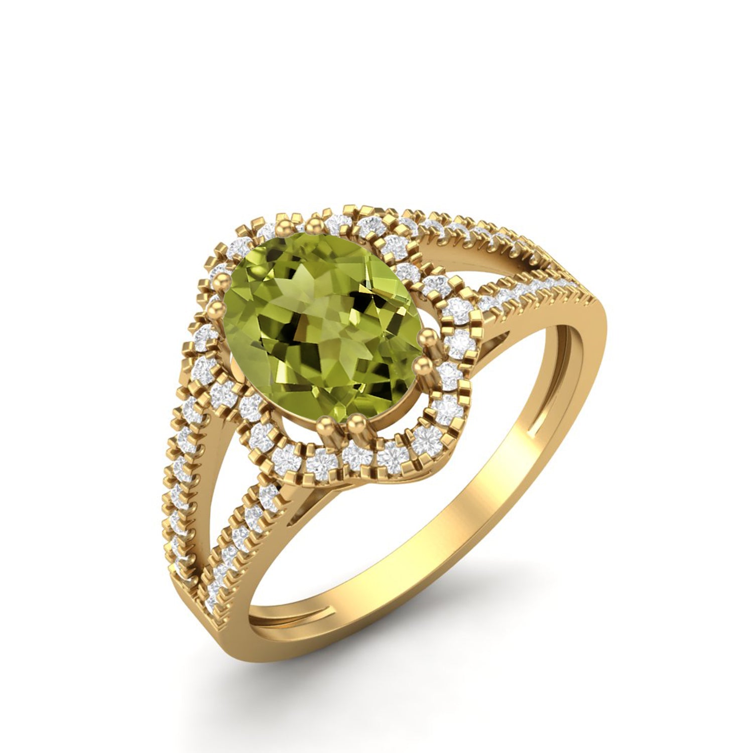 Peridot Split Shank Halo Ring - Sterling Silver