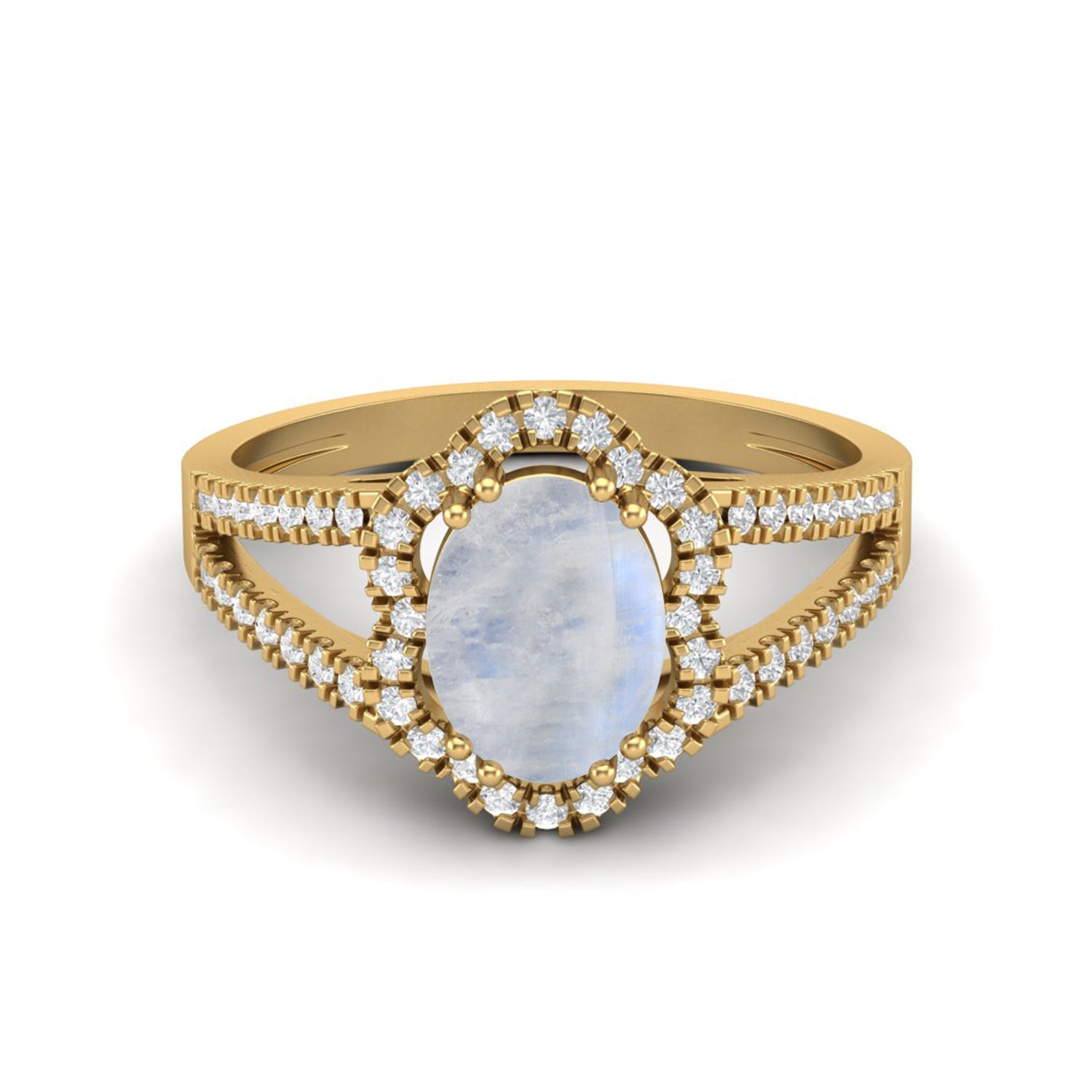 Moonstone Split Shank Halo Ring - Sterling Silver