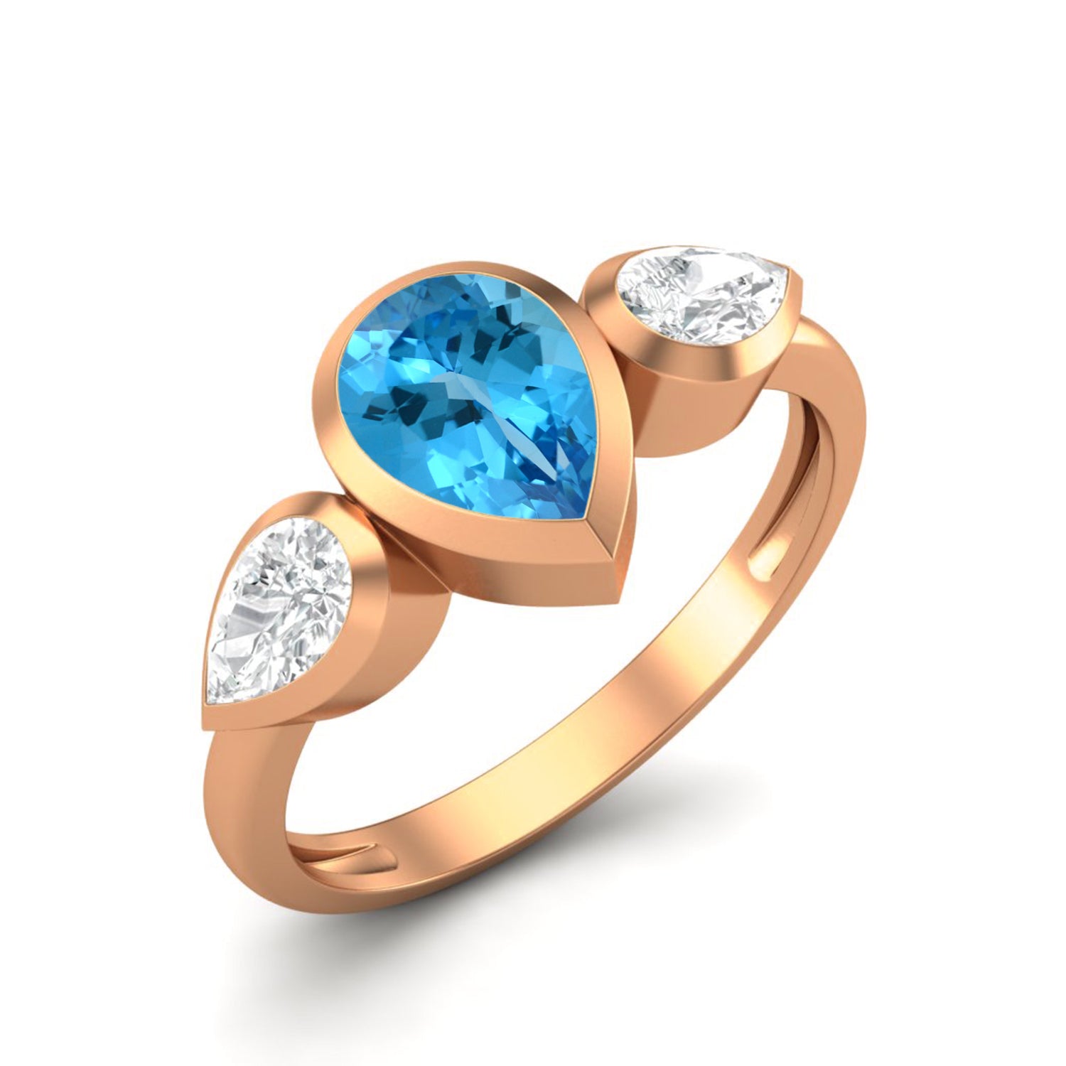 Swiss Blue Topaz Three Stone Modern Ring – Sterling Silver