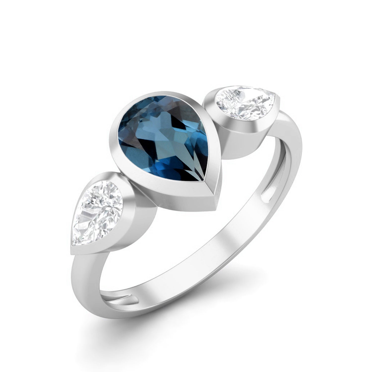 London Blue Topaz Three Stone Modern Ring – Sterling Silver