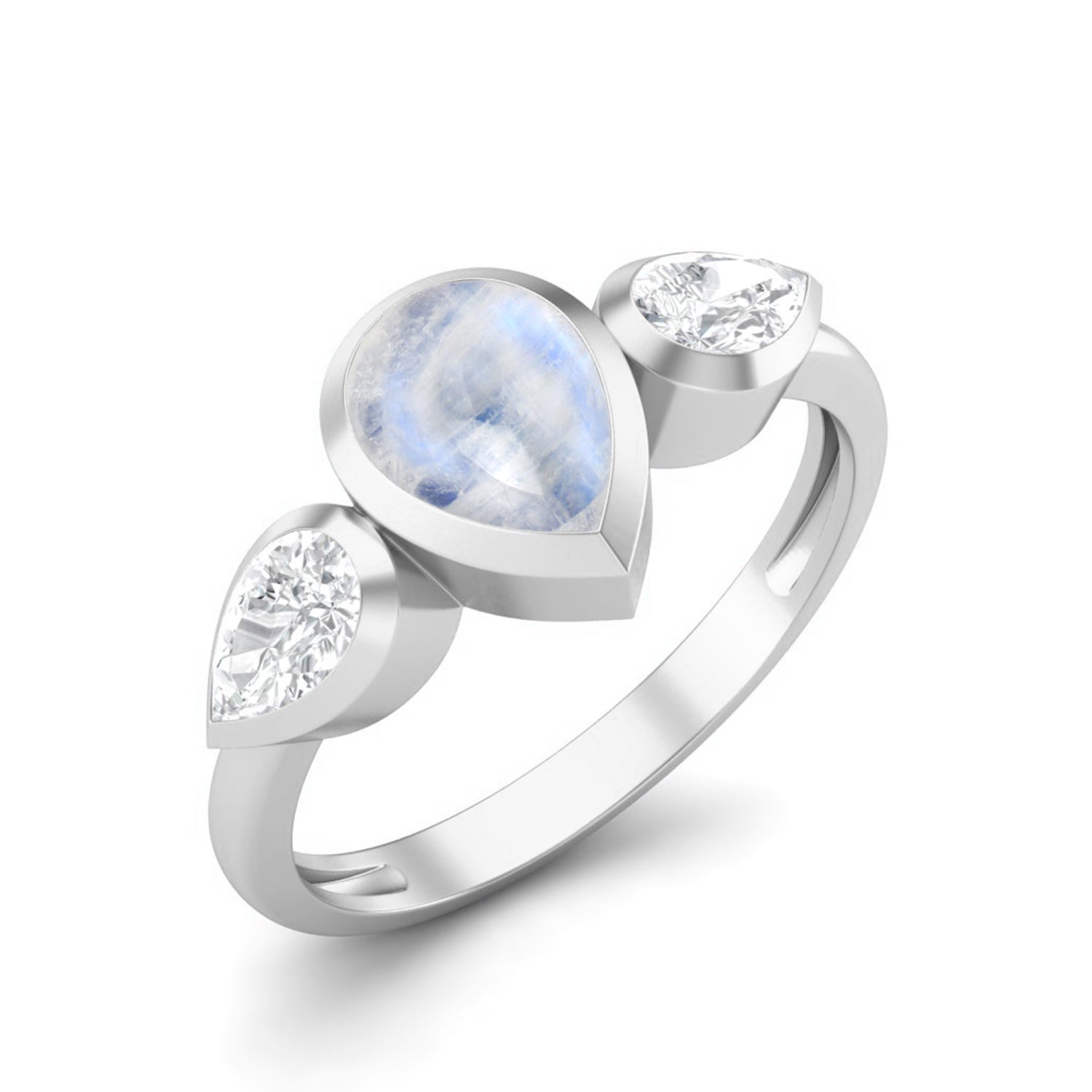 Moonstone Three Stone Modern Ring – Sterling Silver