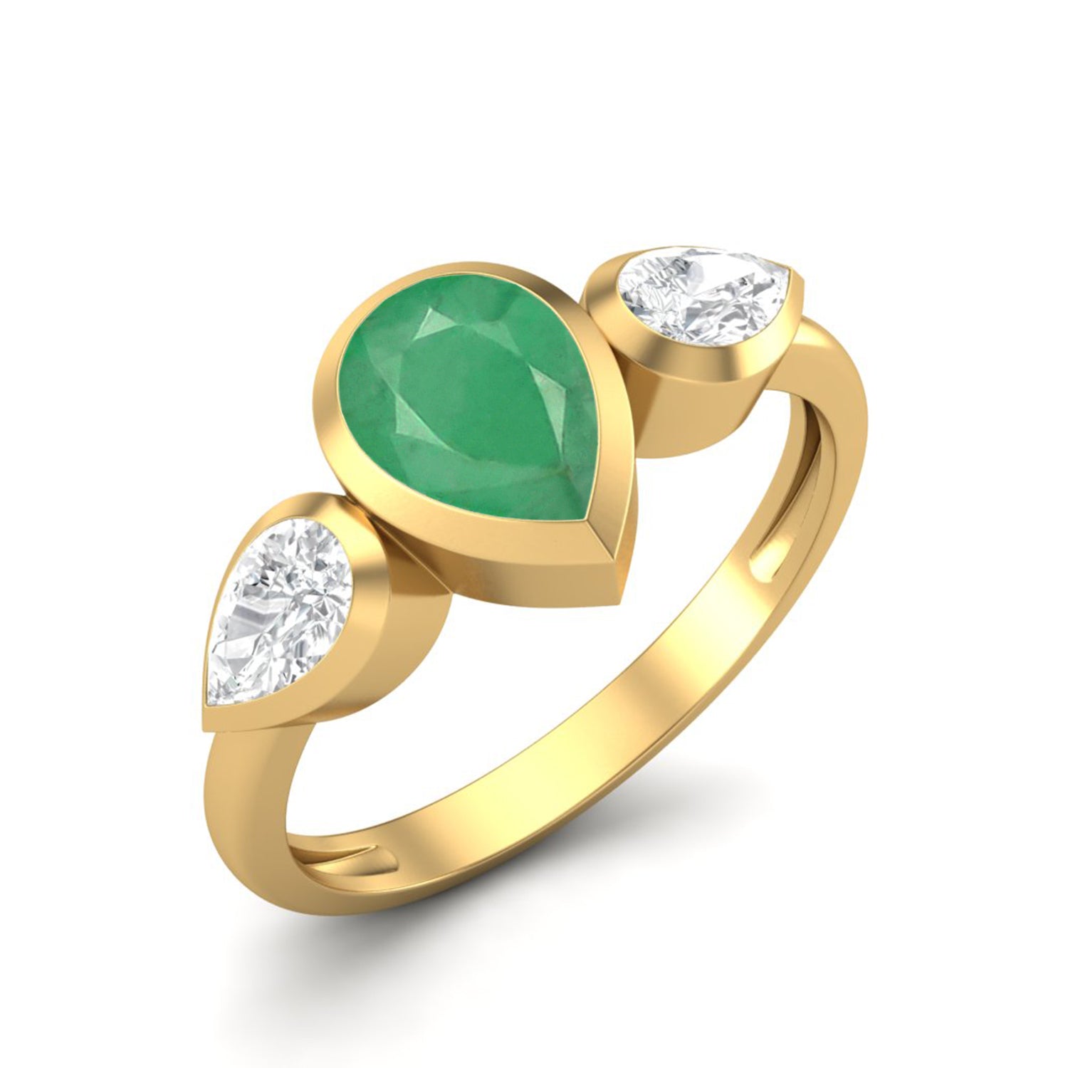 Emerald Teardrop Three-Stone Ring – 14k Yellow Gold