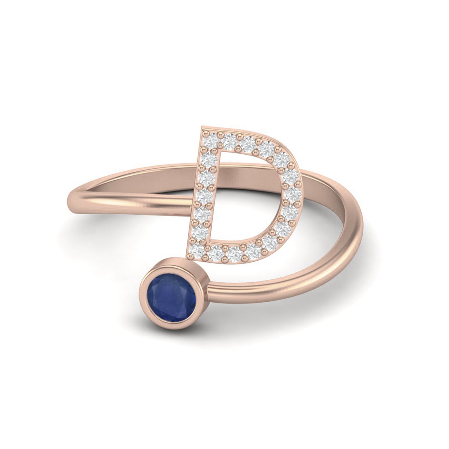 Anello da donna con iniziale D in zaffiro blu naturale e pietra preziosa, regolabile, aperto sul davanti, in argento