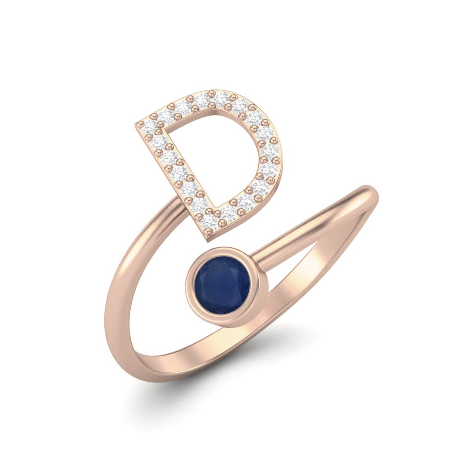 Anello da donna con iniziale D in zaffiro blu naturale e pietra preziosa, regolabile, aperto sul davanti, in argento