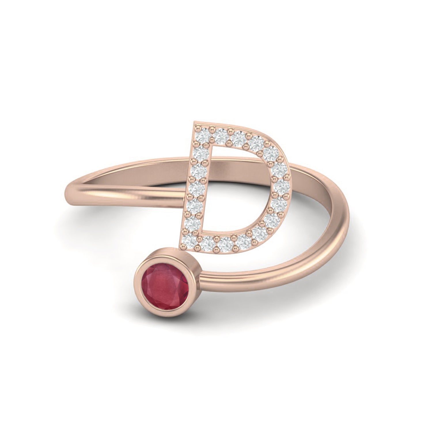 Ruby 0.10 Ct Round nitial "D" Ring – 14k Yellow Gold