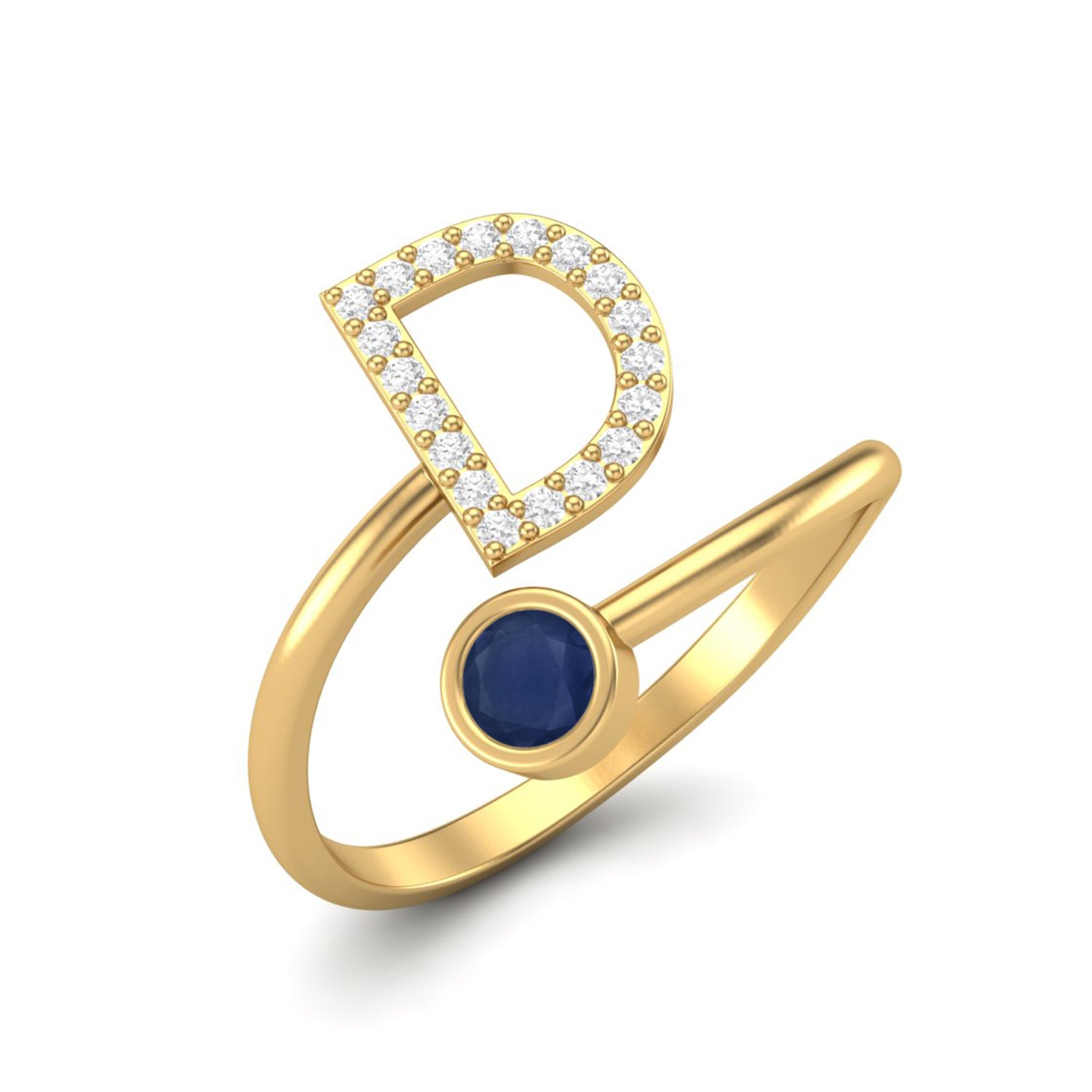 Anello da donna con iniziale D in zaffiro blu naturale e pietra preziosa, regolabile, aperto sul davanti, in argento