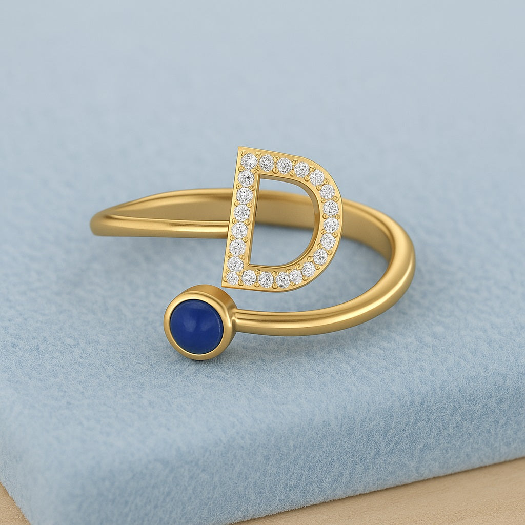 Blue Sapphire Round “D” Initial Open Band Ring - 14K Yellow Gold
