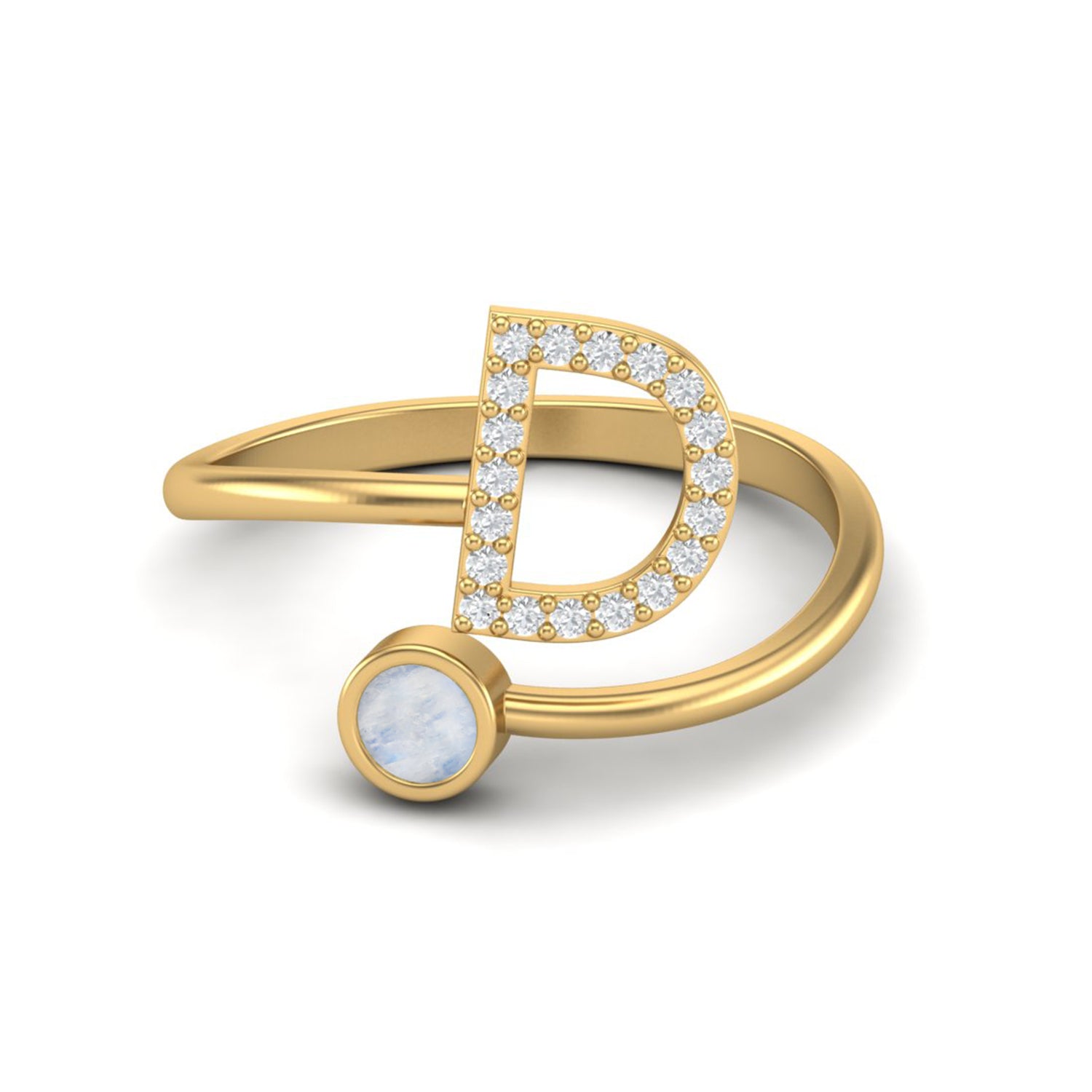 Round Moonstone nitial "D" Ring - Sterling Silver