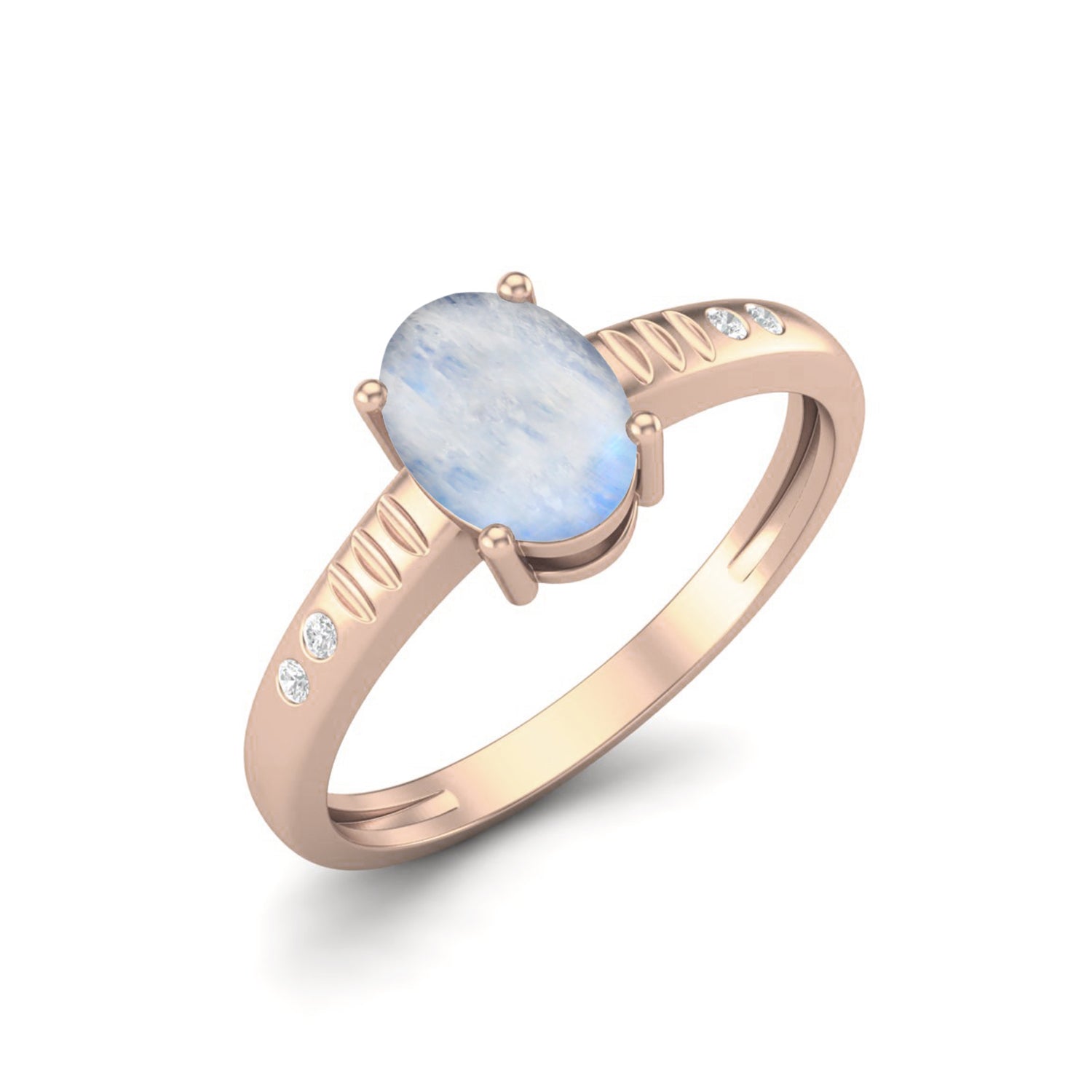 Moonstone with CZ Accents & Carved Band Ring - Sterling Silver