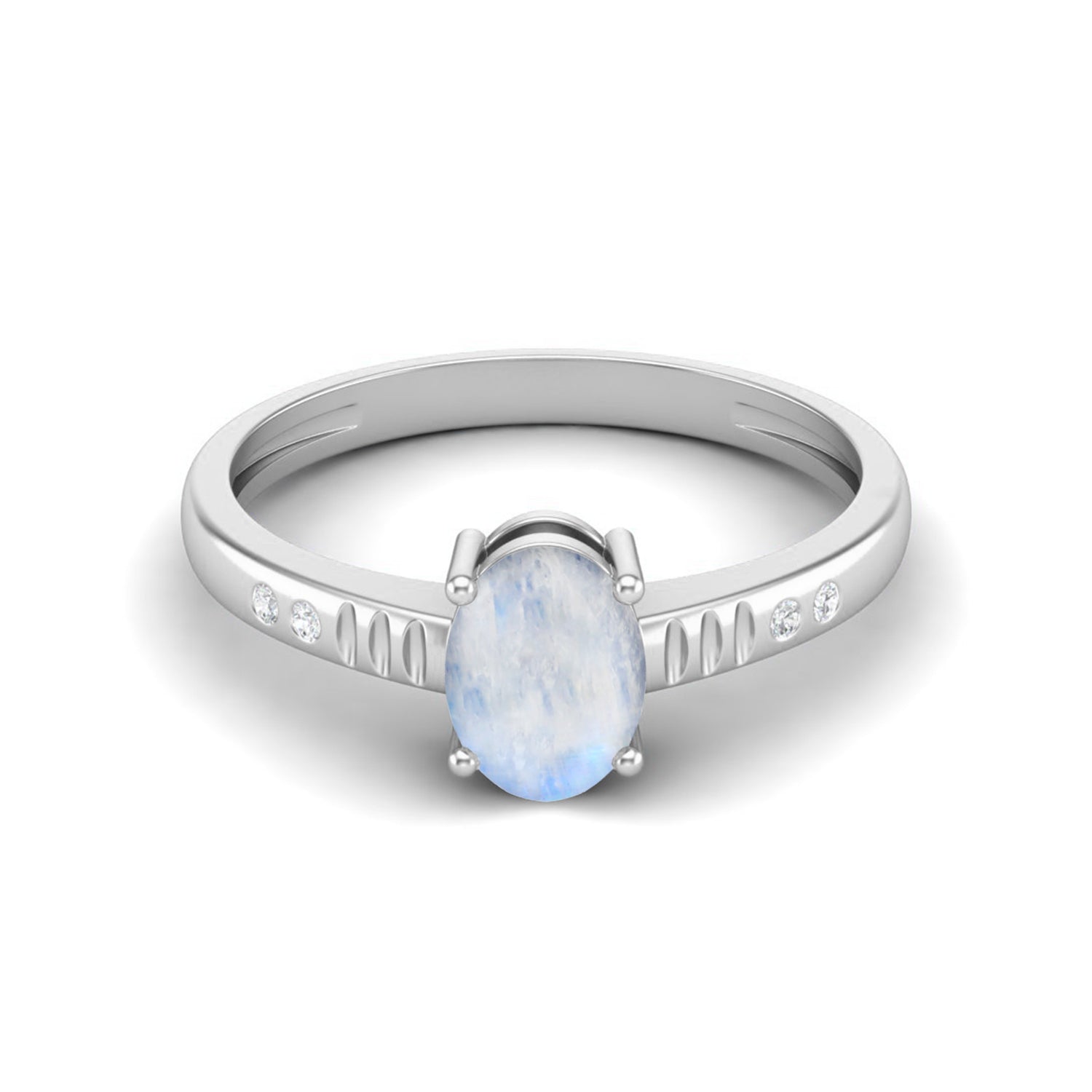 Moonstone with CZ Accents & Carved Band Ring - Sterling Silver