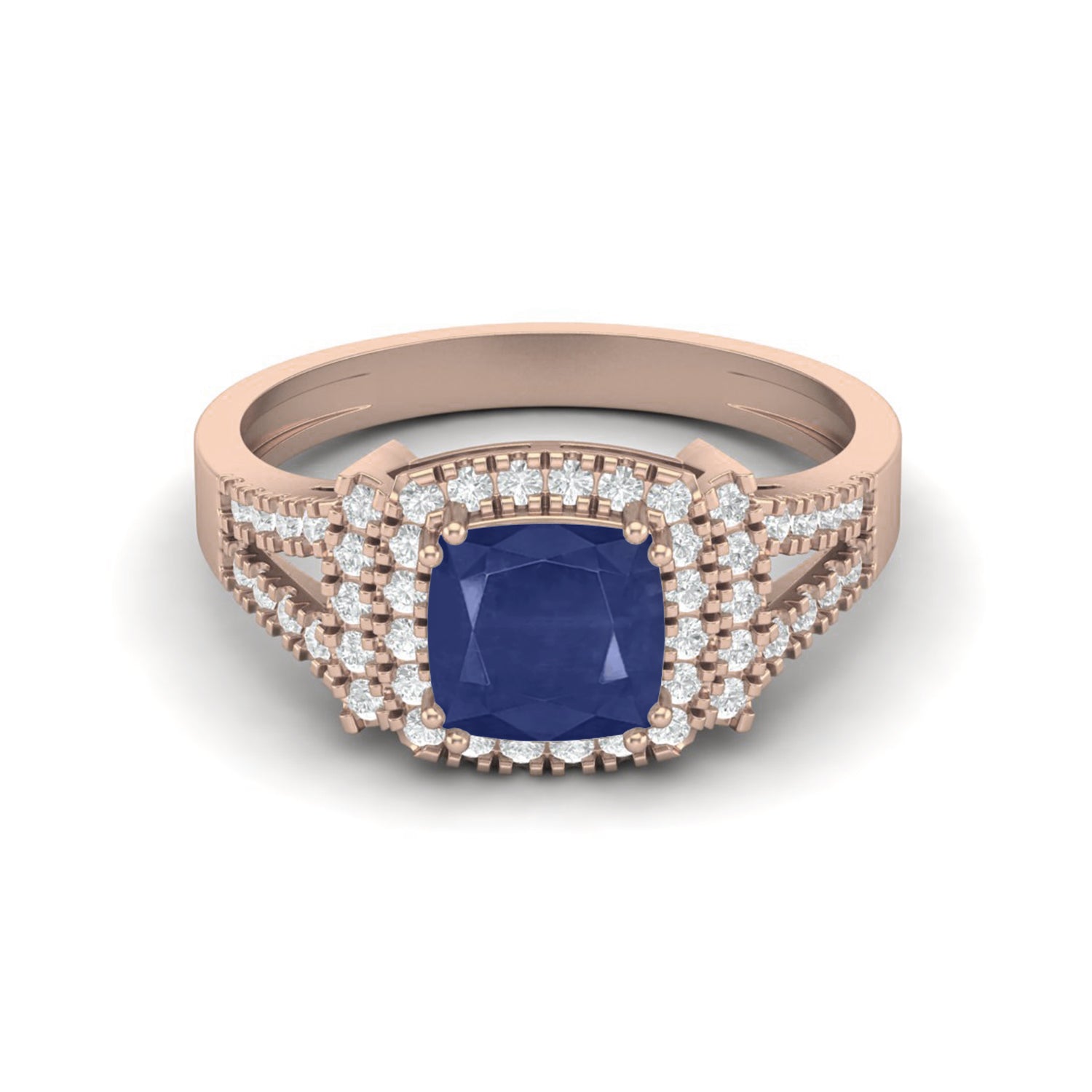 Blue Sapphire Double Halo Ring – Sterling Silver