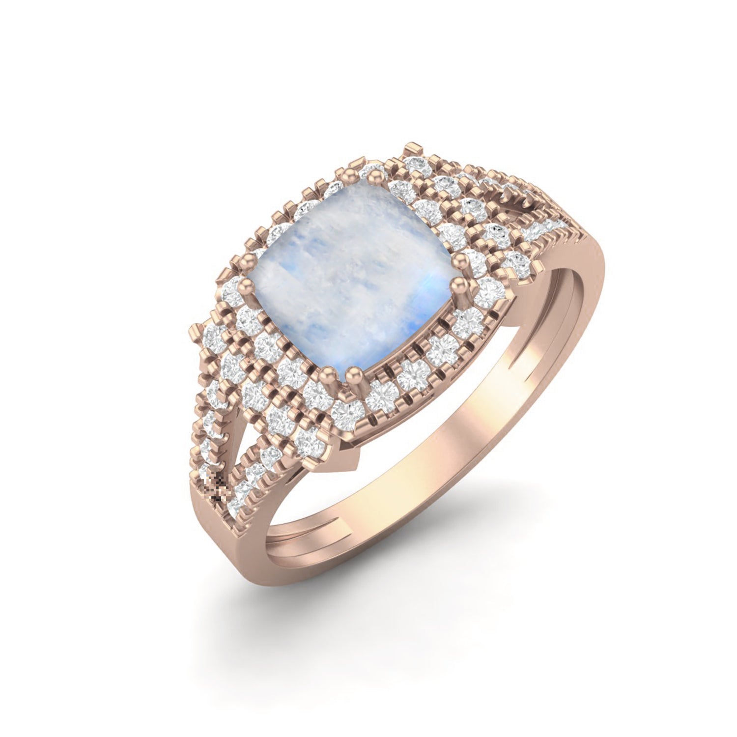 Moonstone Double Halo CZ Split Band Ring - Sterling Silver