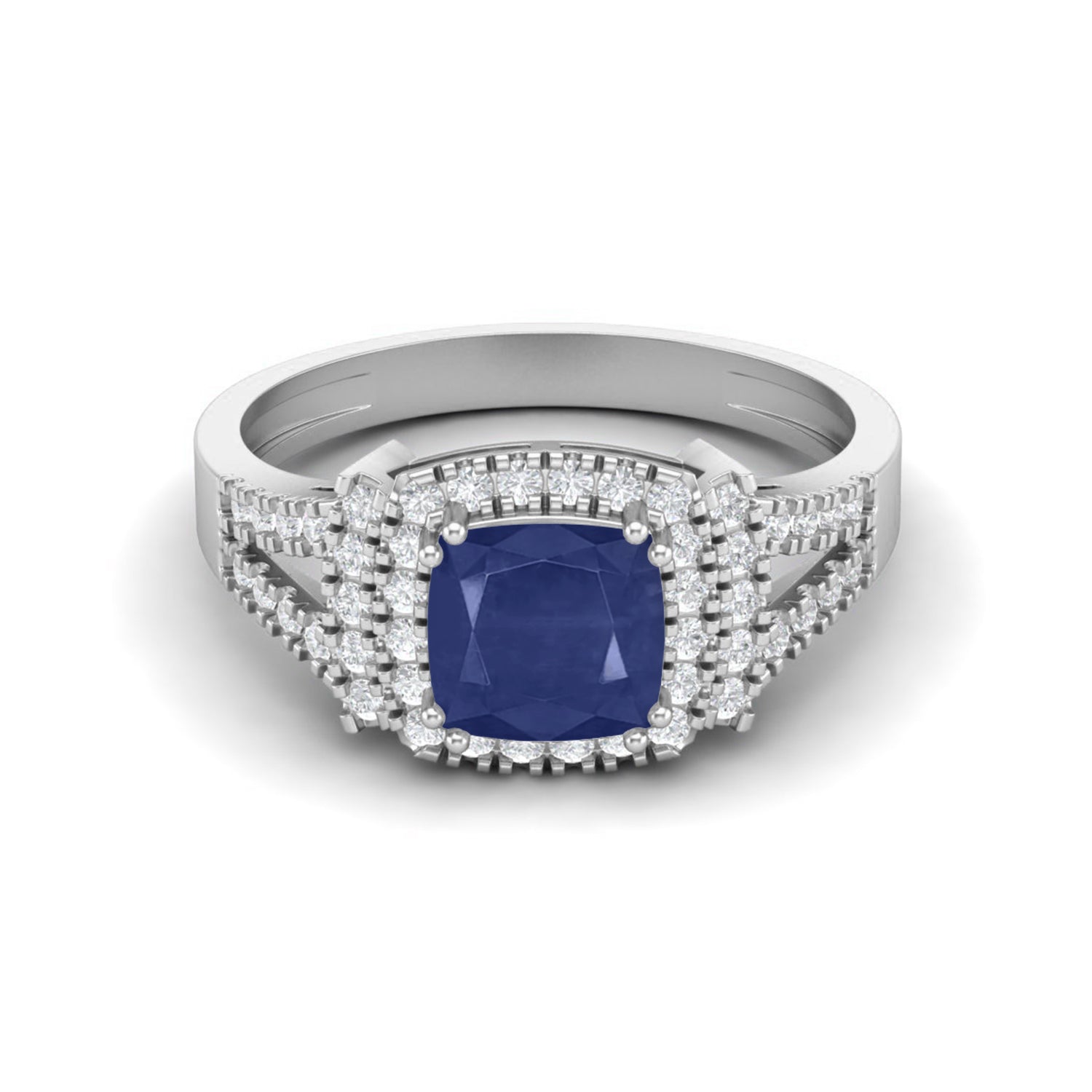 Blue Sapphire Double Halo Ring – Sterling Silver