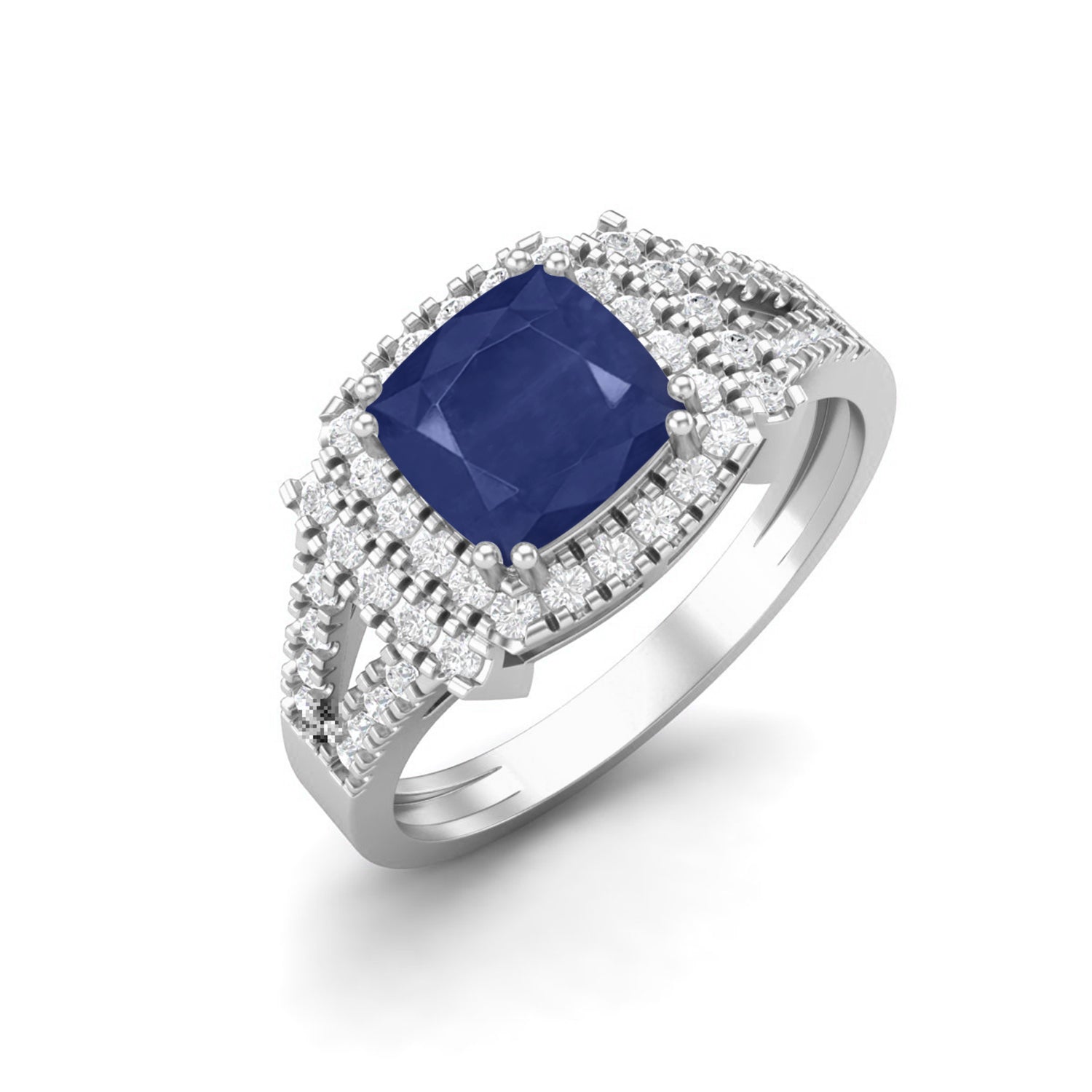 Blue Sapphire Double Halo Ring – Sterling Silver