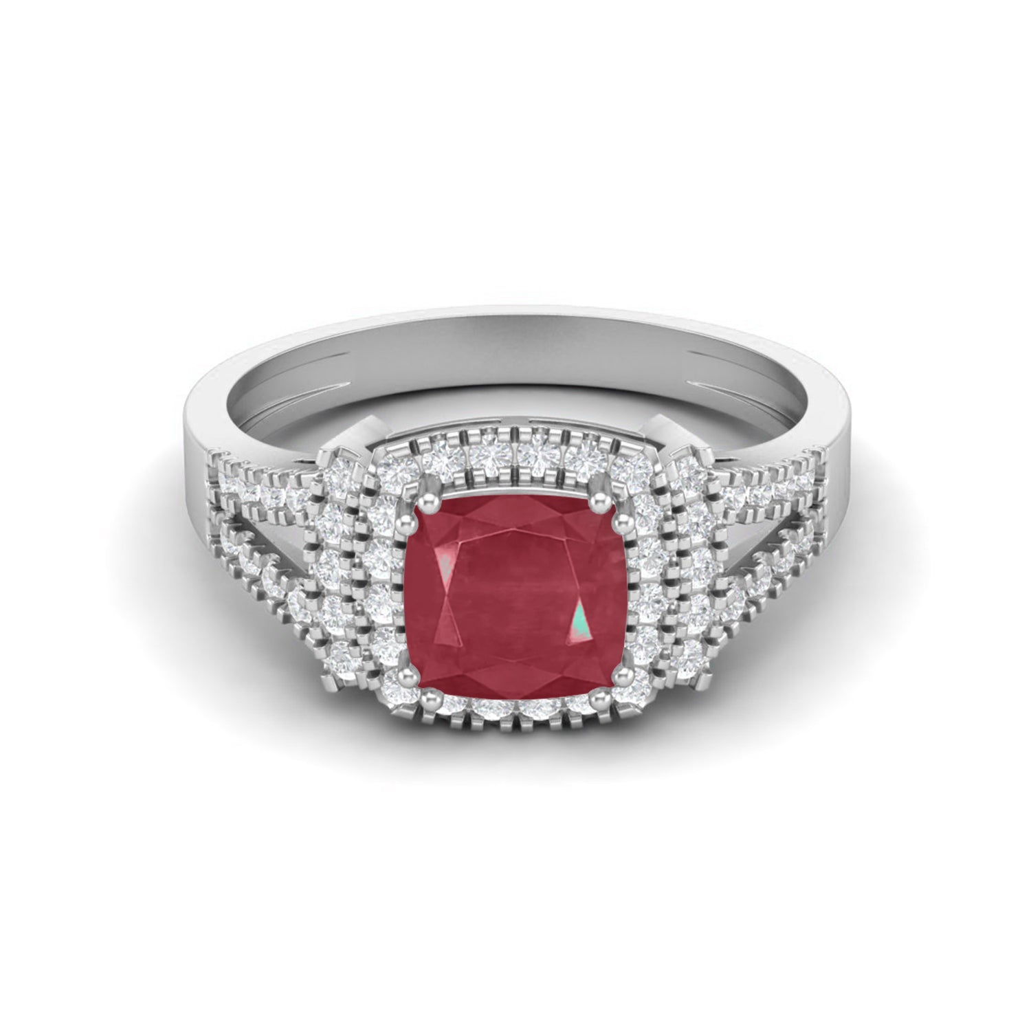 Ruby 1.30 Ct Cushion Double Halo Split Shank Ring – 14k Yellow Gold