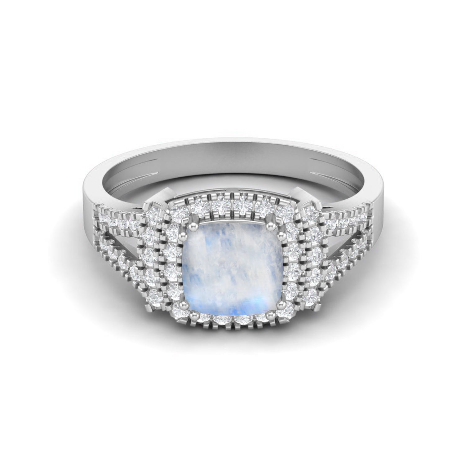 Moonstone Double Halo CZ Split Band Ring - Sterling Silver