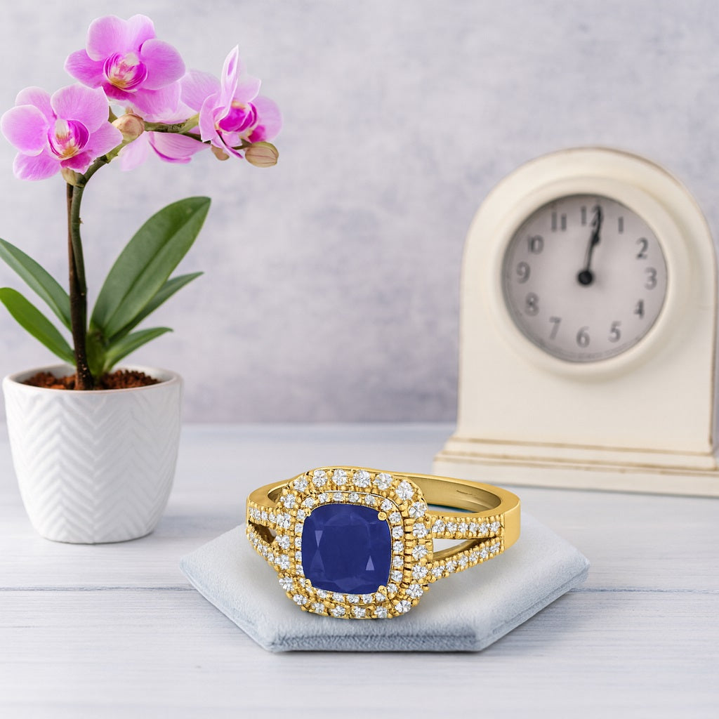 Blue Sapphire 1.30 Ct Cushion Cut Solitaire with Accents Ring - 14K Yellow Gold