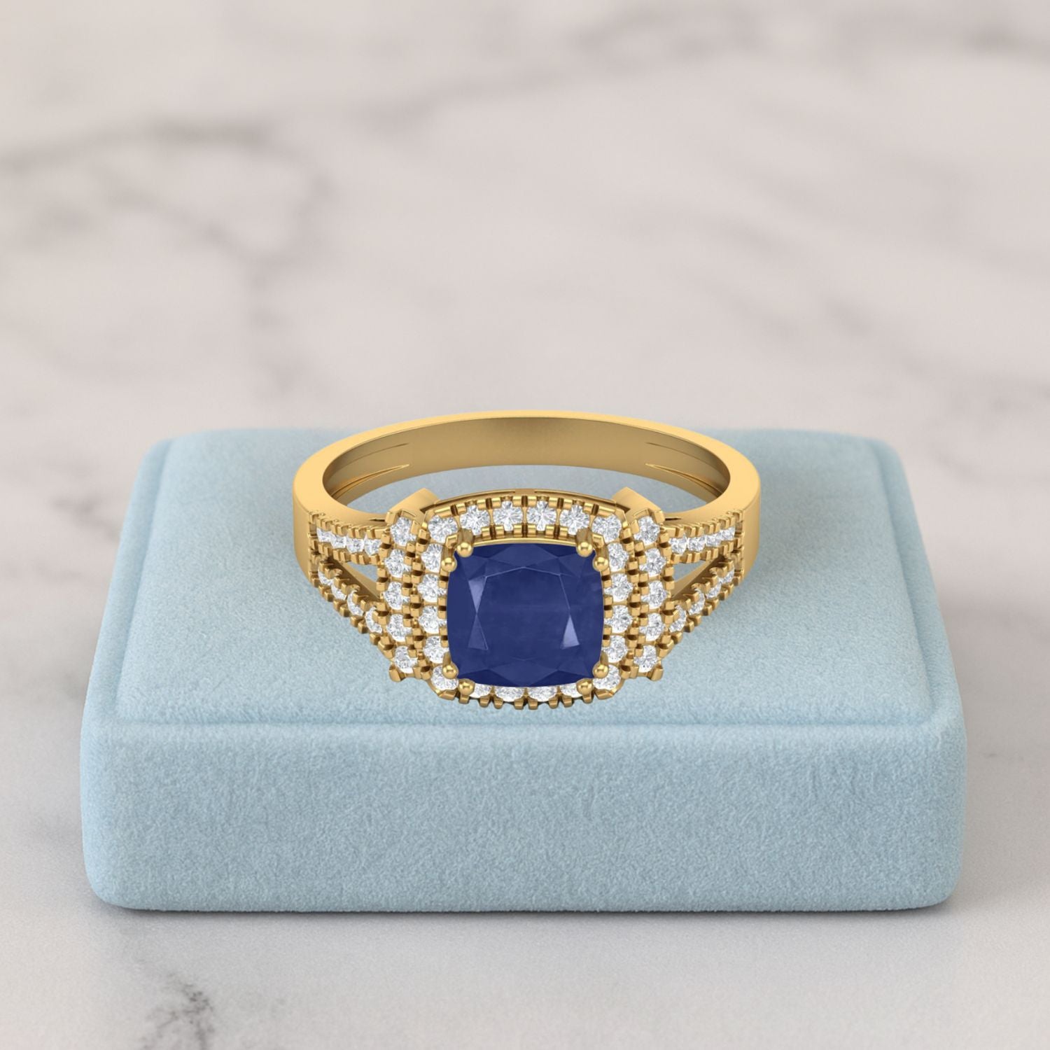 Blue Sapphire 1.30 Ct Cushion Cut Solitaire with Accents Ring - 14K Yellow Gold