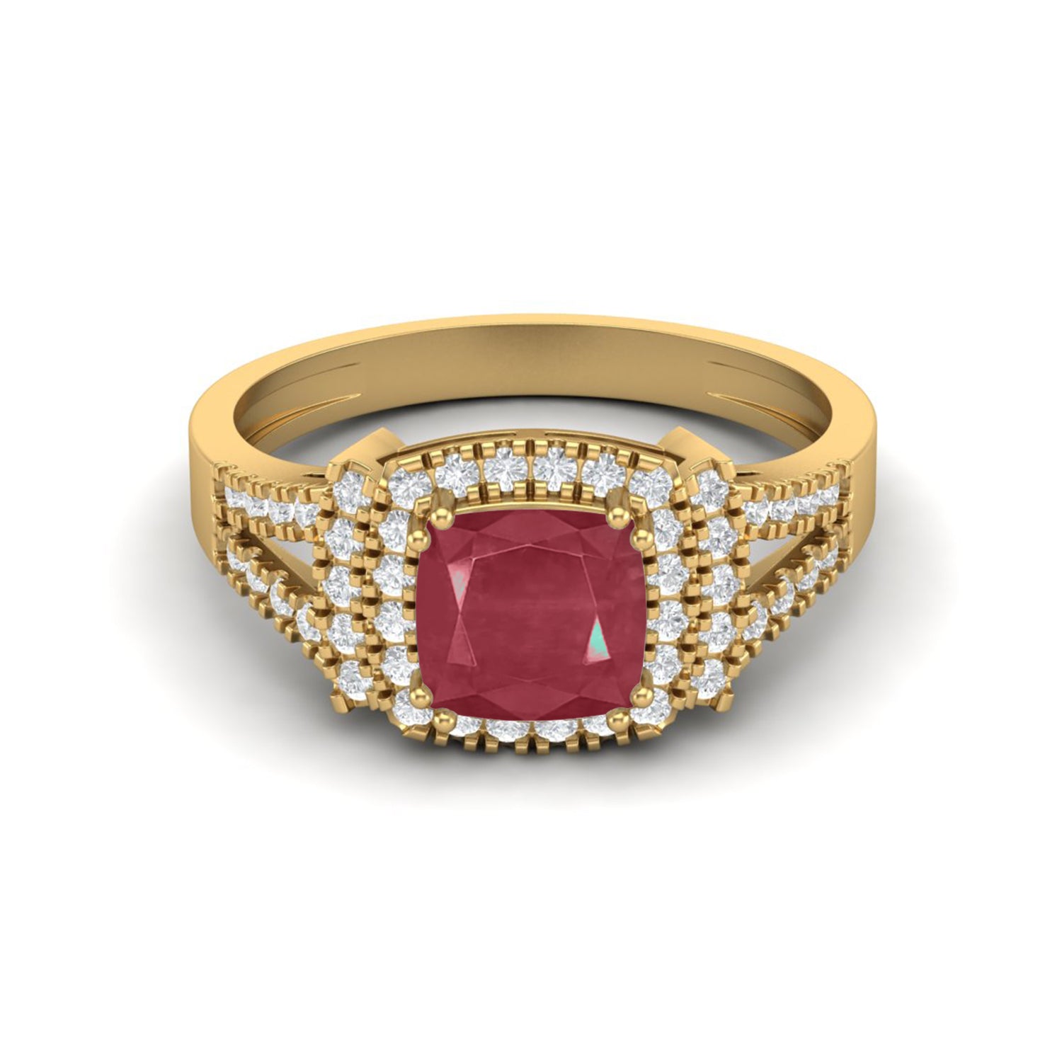 Ruby 1.30 Ct Cushion Double Halo Split Shank Ring – 14k Yellow Gold