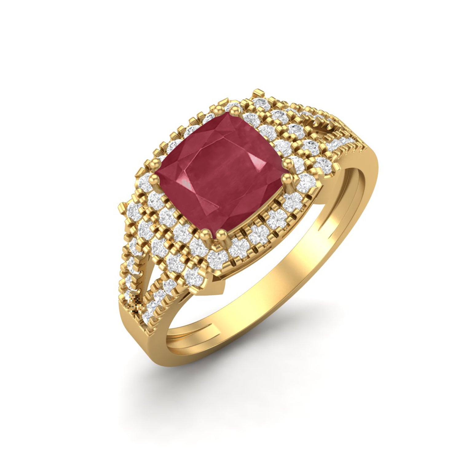 Ruby 1.30 Ct Cushion Double Halo Split Shank Ring – 14k Yellow Gold