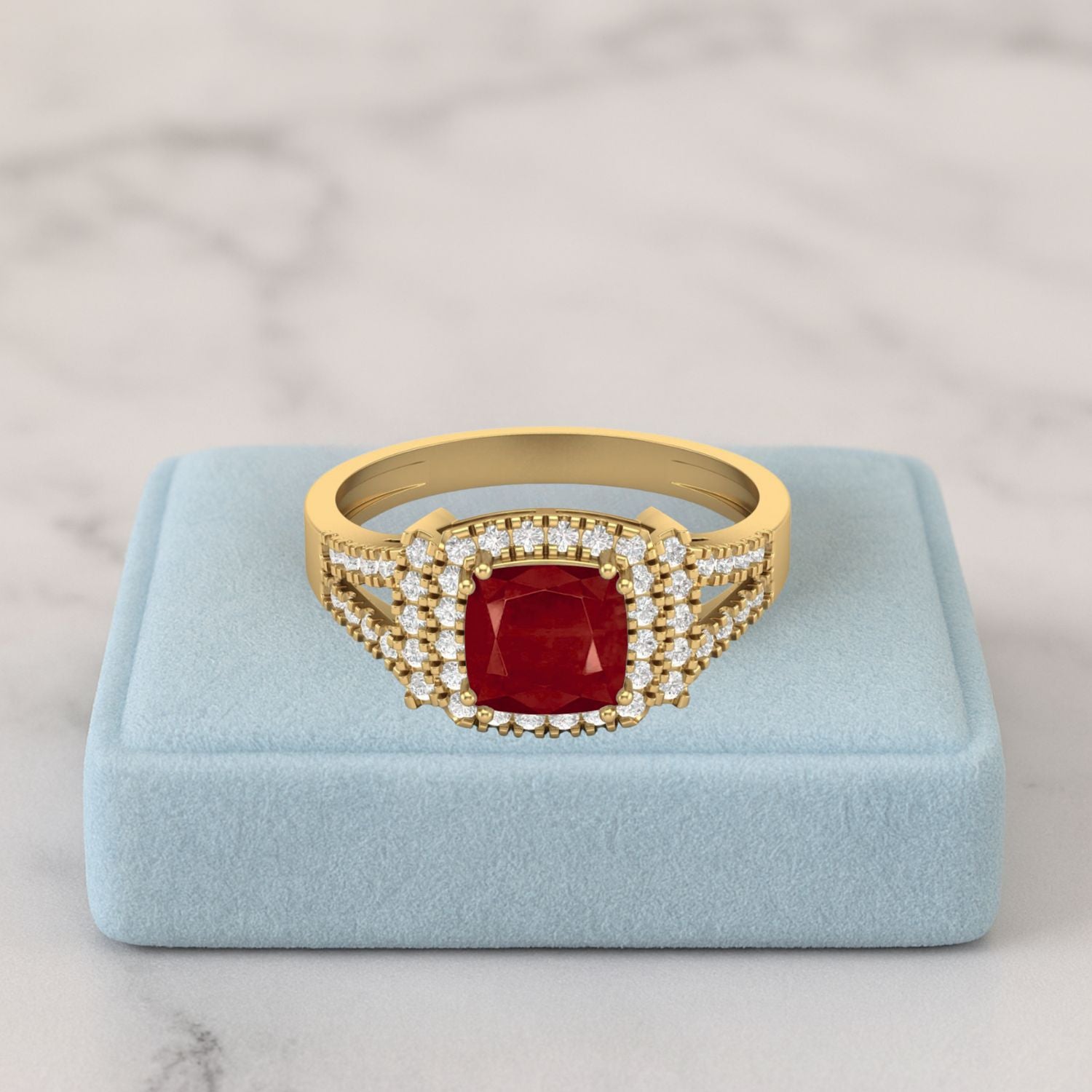 Ruby 1.30 Ct Cushion Double Halo Split Shank Ring – 14k Yellow Gold