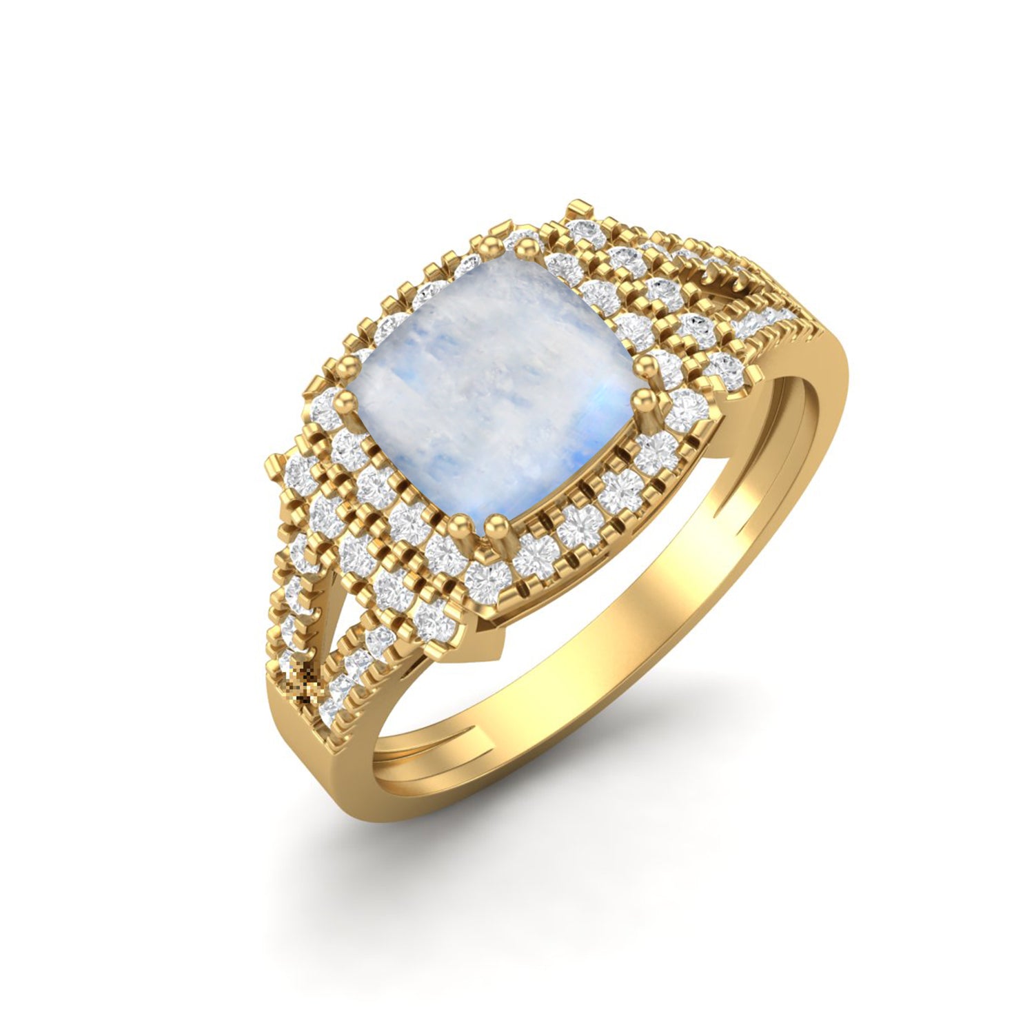 Moonstone Double Halo CZ Split Band Ring - Sterling Silver