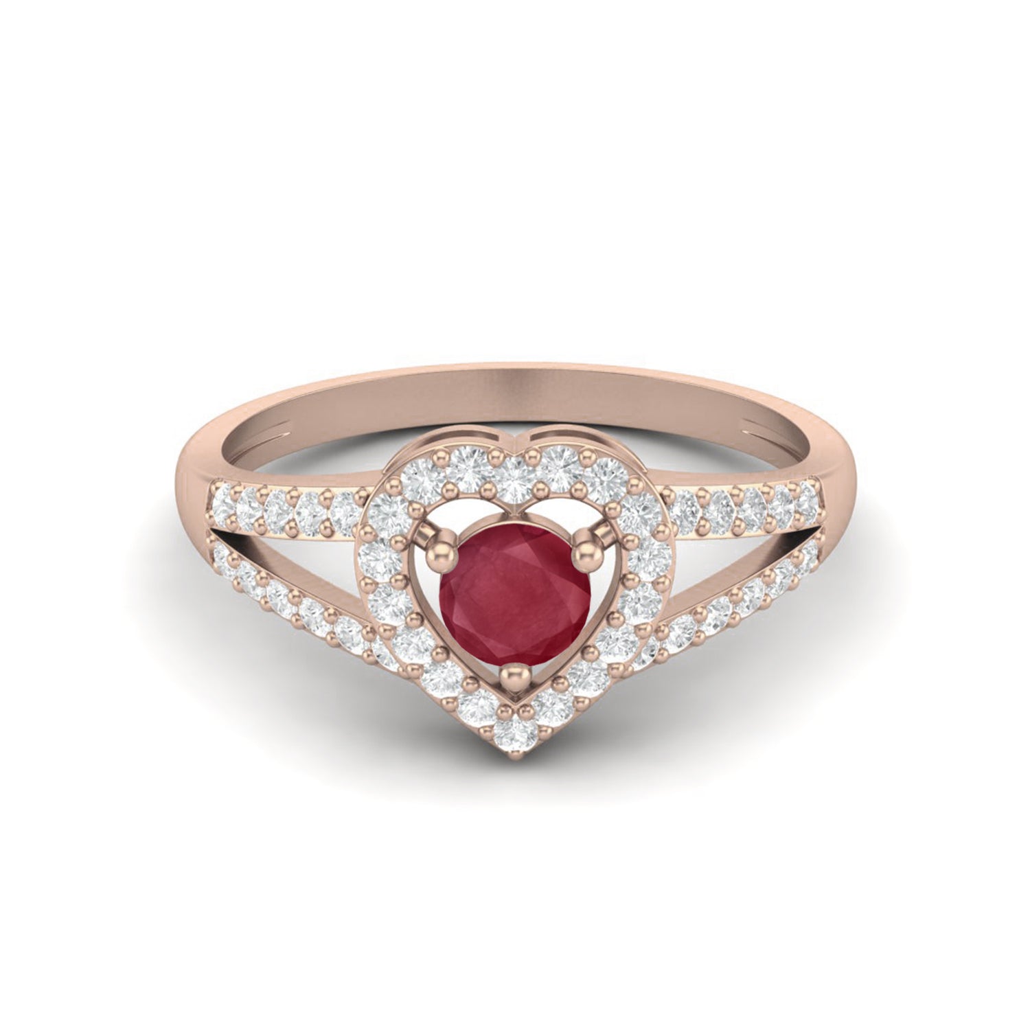 Ruby 0.25 Ct Round Heart Halo Split Shank Ring - 14k Yellow Gold