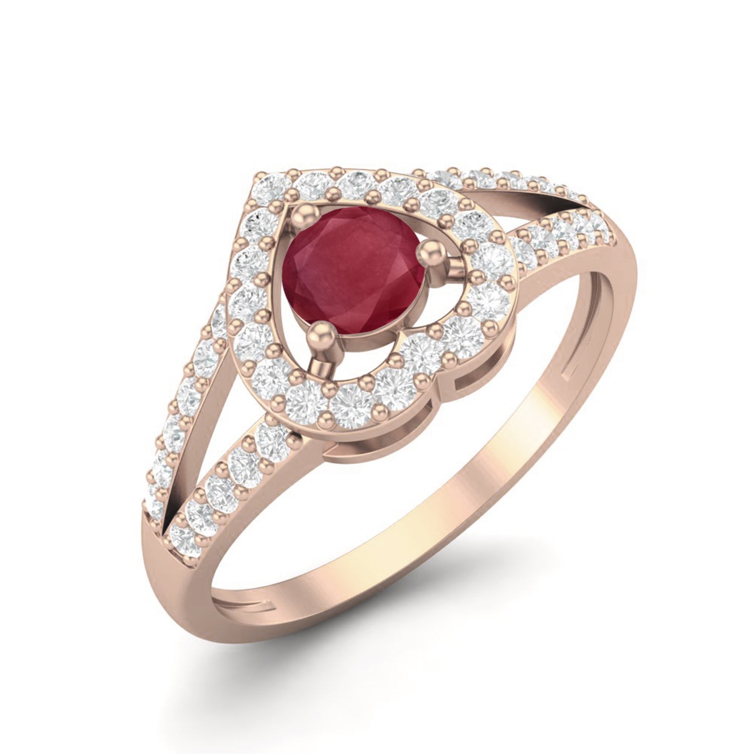 Ruby 0.25 Ct Round Heart Halo Split Shank Ring - 14k Yellow Gold