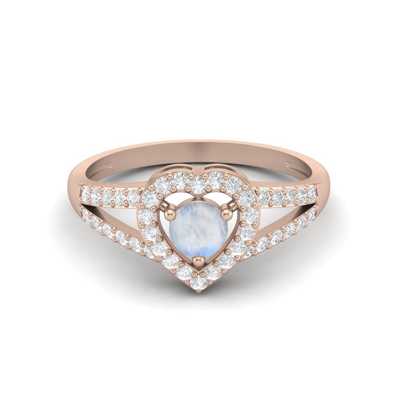 Heart Moonstone Halo & Split Band Ring - Sterling Silver