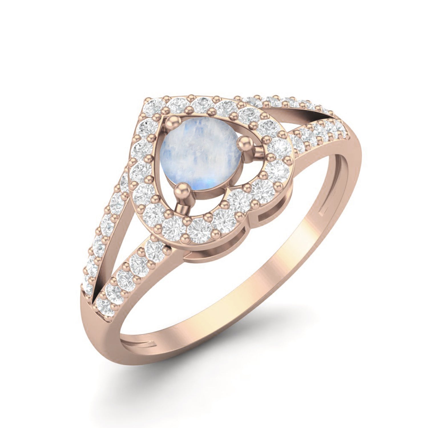 Heart Moonstone Halo & Split Band Ring - Sterling Silver