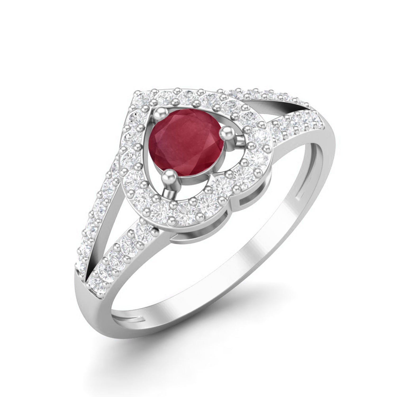 Ruby 0.25 Ct Round Heart Halo Split Shank Ring - 14k Yellow Gold