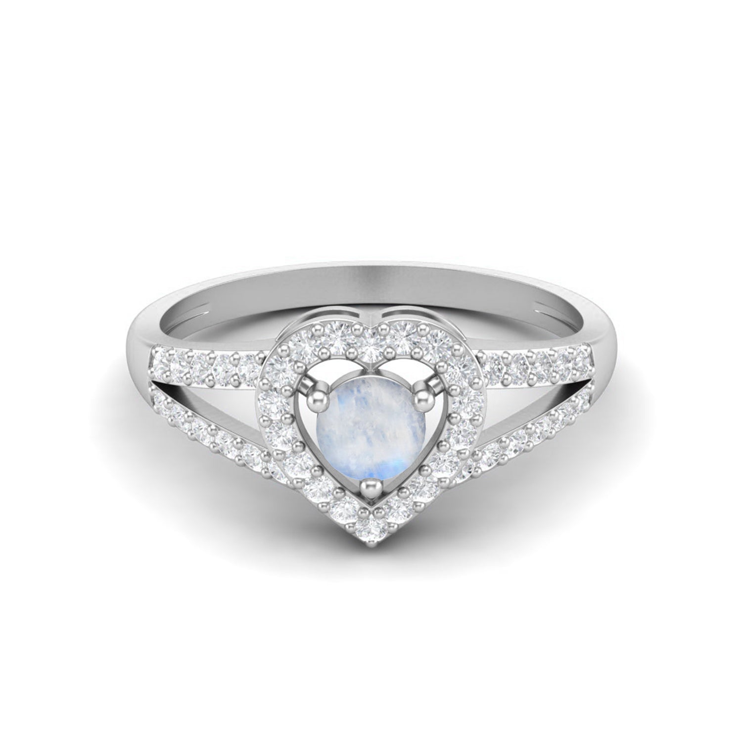 Heart Moonstone Halo & Split Band Ring - Sterling Silver