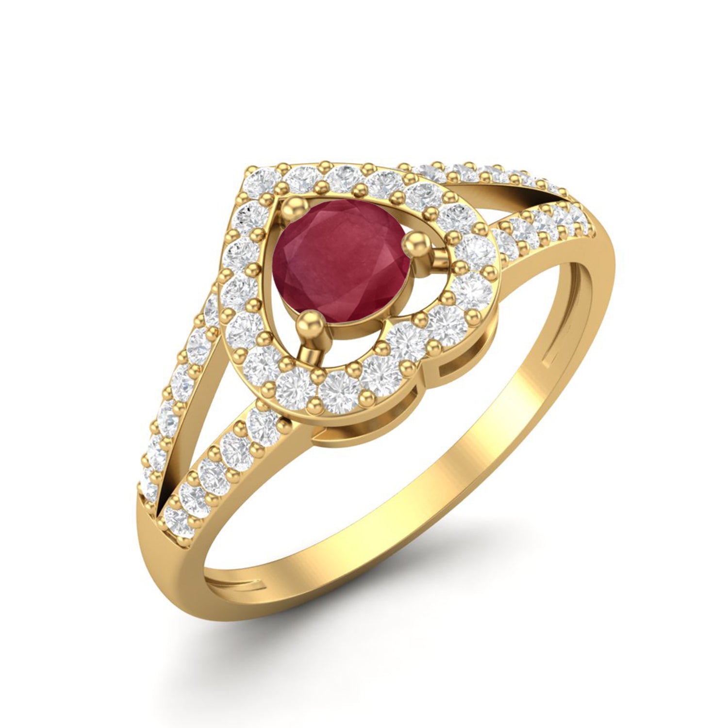 Ruby 0.25 Ct Round Heart Halo Split Shank Ring - 14k Yellow Gold
