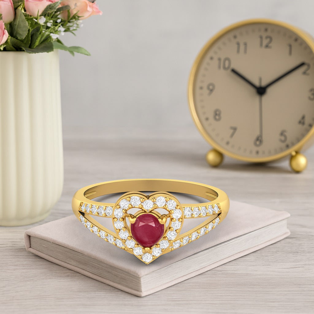 Ruby 0.25 Ct Round Heart Halo Split Shank Ring - 14k Yellow Gold