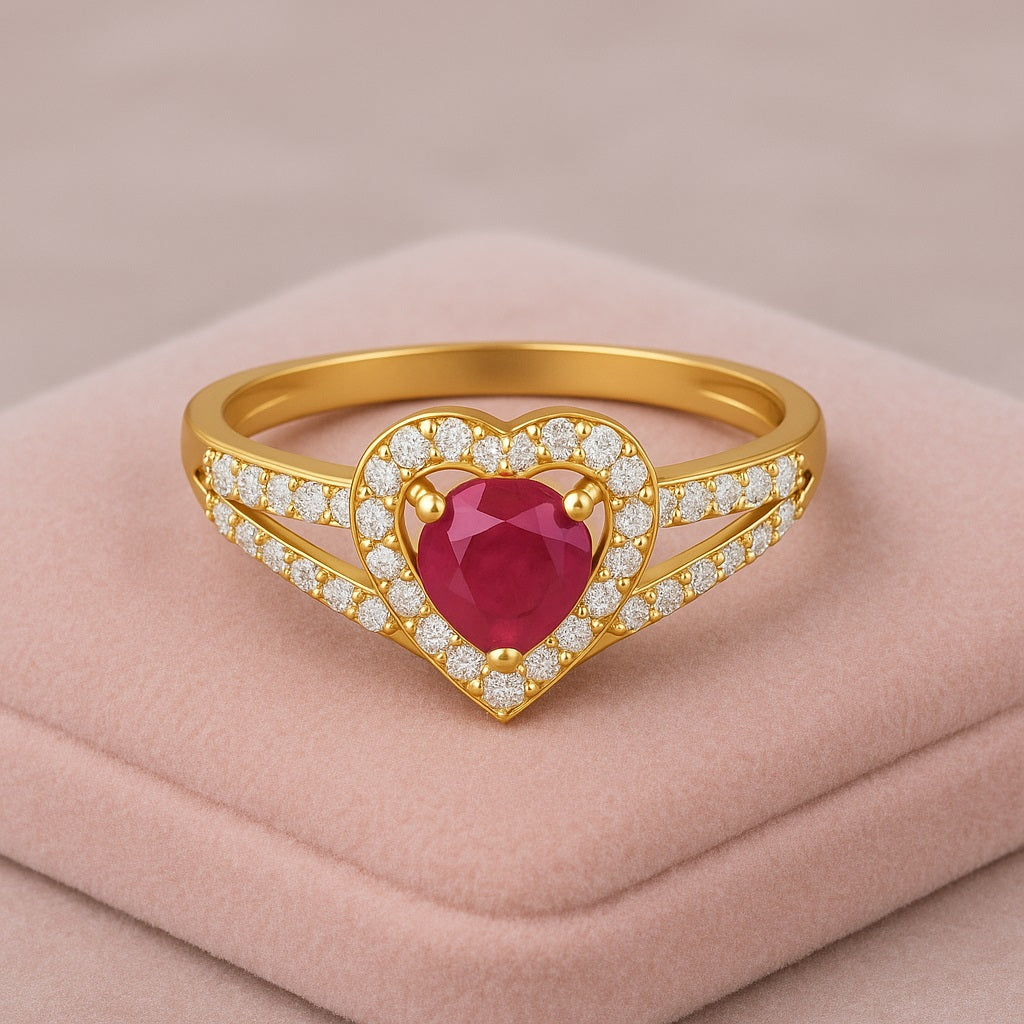 Ruby 0.25 Ct Round Heart Halo Split Shank Ring - 14k Yellow Gold