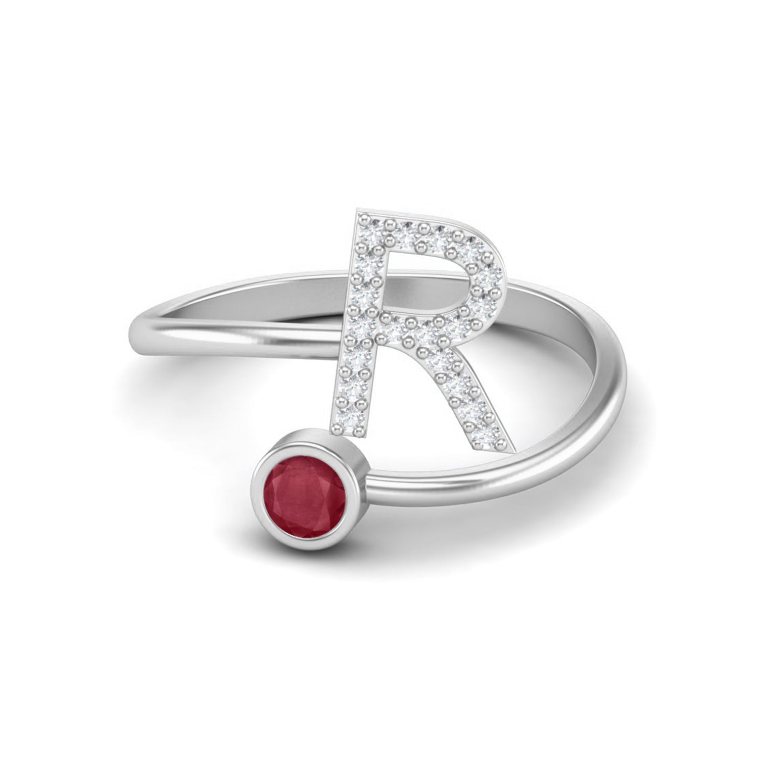 Ruby 0.10 Ct Round Initial "R" Ring- 14k Fine Yellow Gold