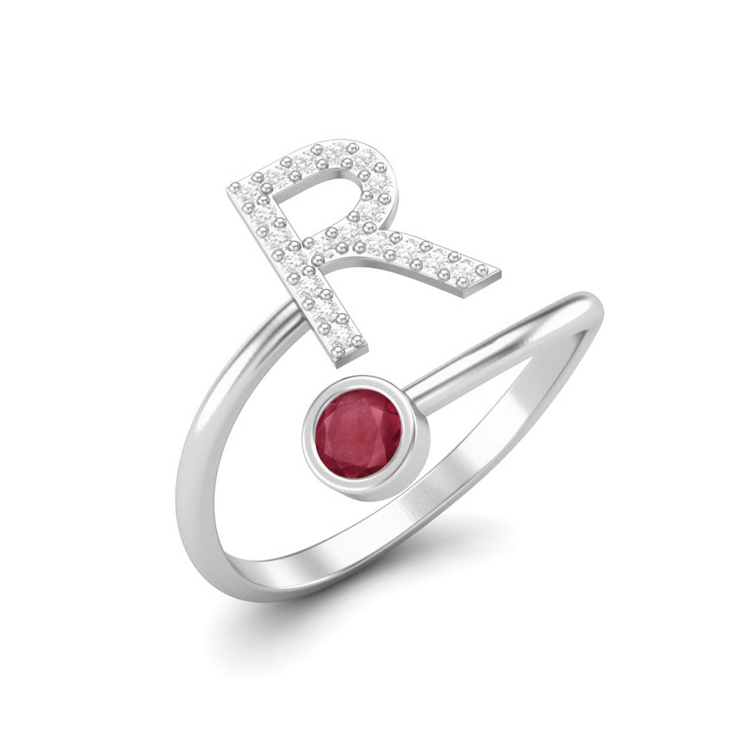Ruby 0.10 Ct Round Initial "R" Ring- 14k Fine Yellow Gold