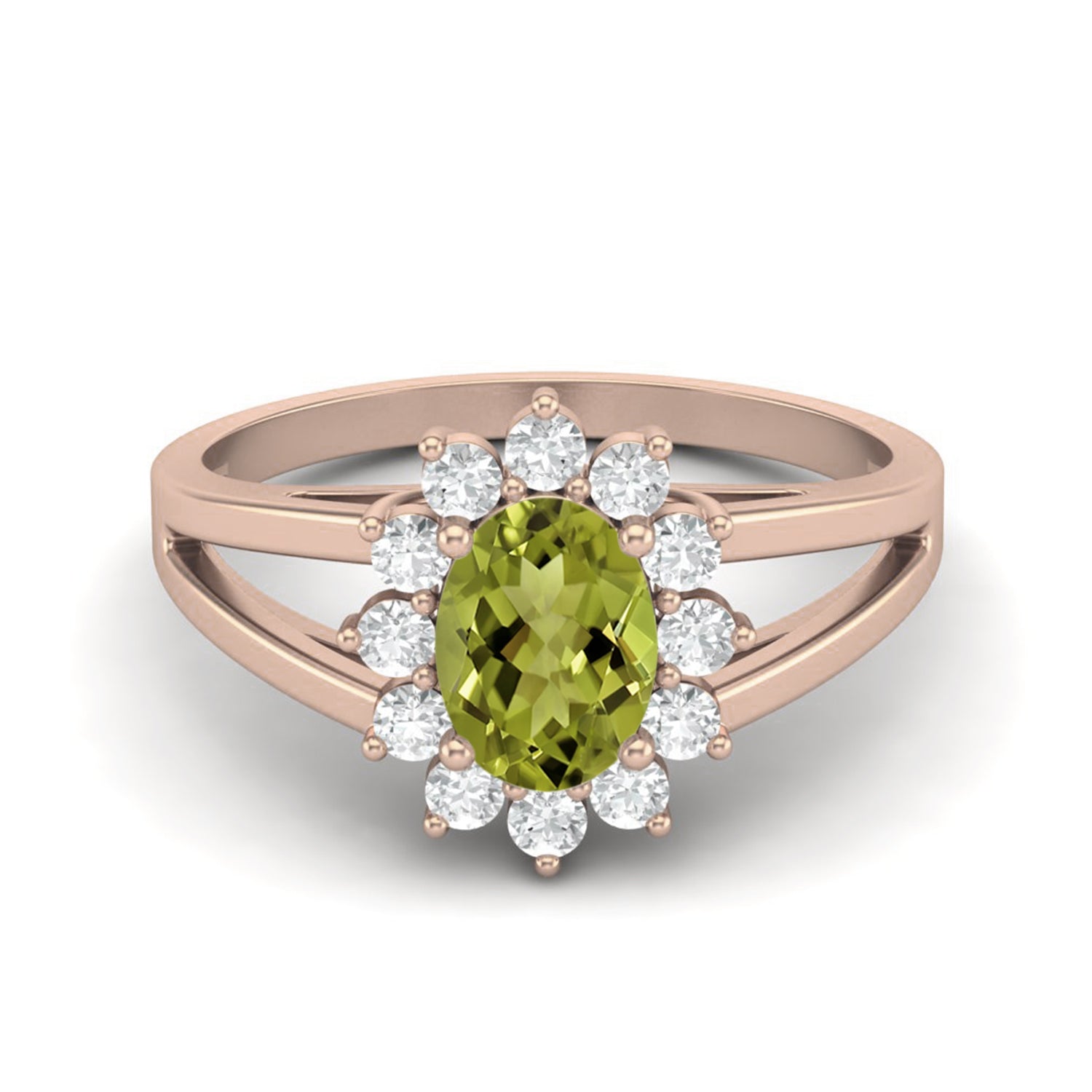 Anello con gambo diviso in peridoto e alone floreale - Argento Sterling
