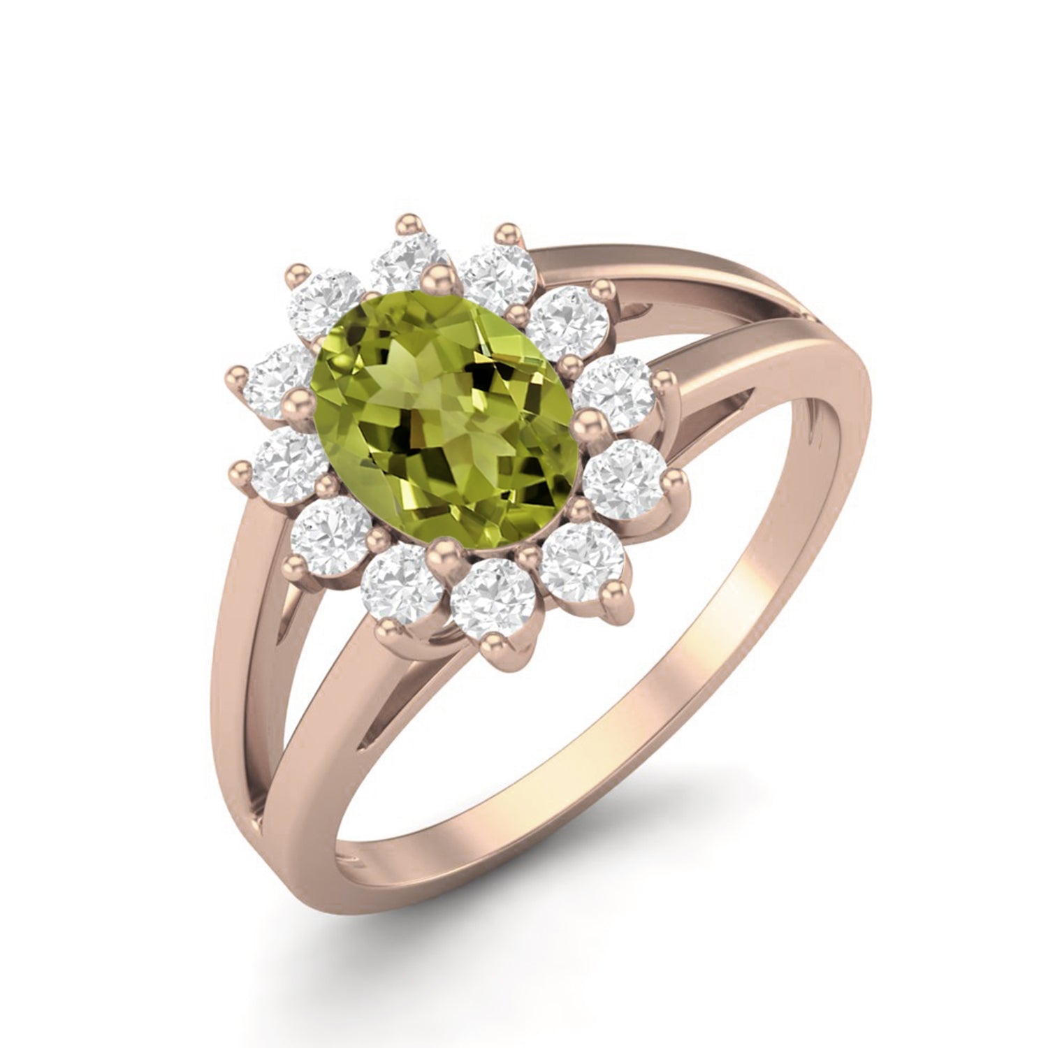 Anello con gambo diviso in peridoto e alone floreale - Argento Sterling