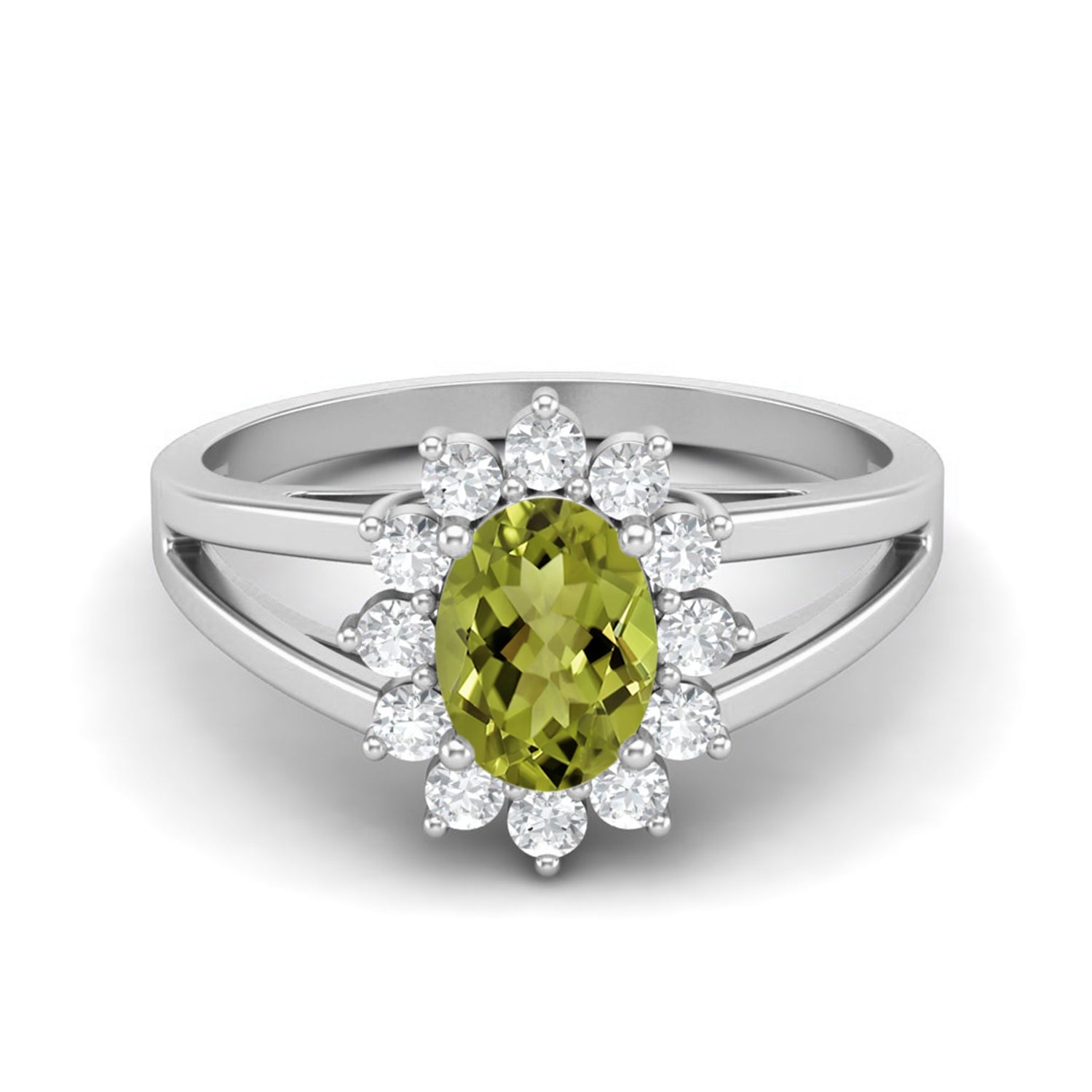 Anello con gambo diviso in peridoto e alone floreale - Argento Sterling