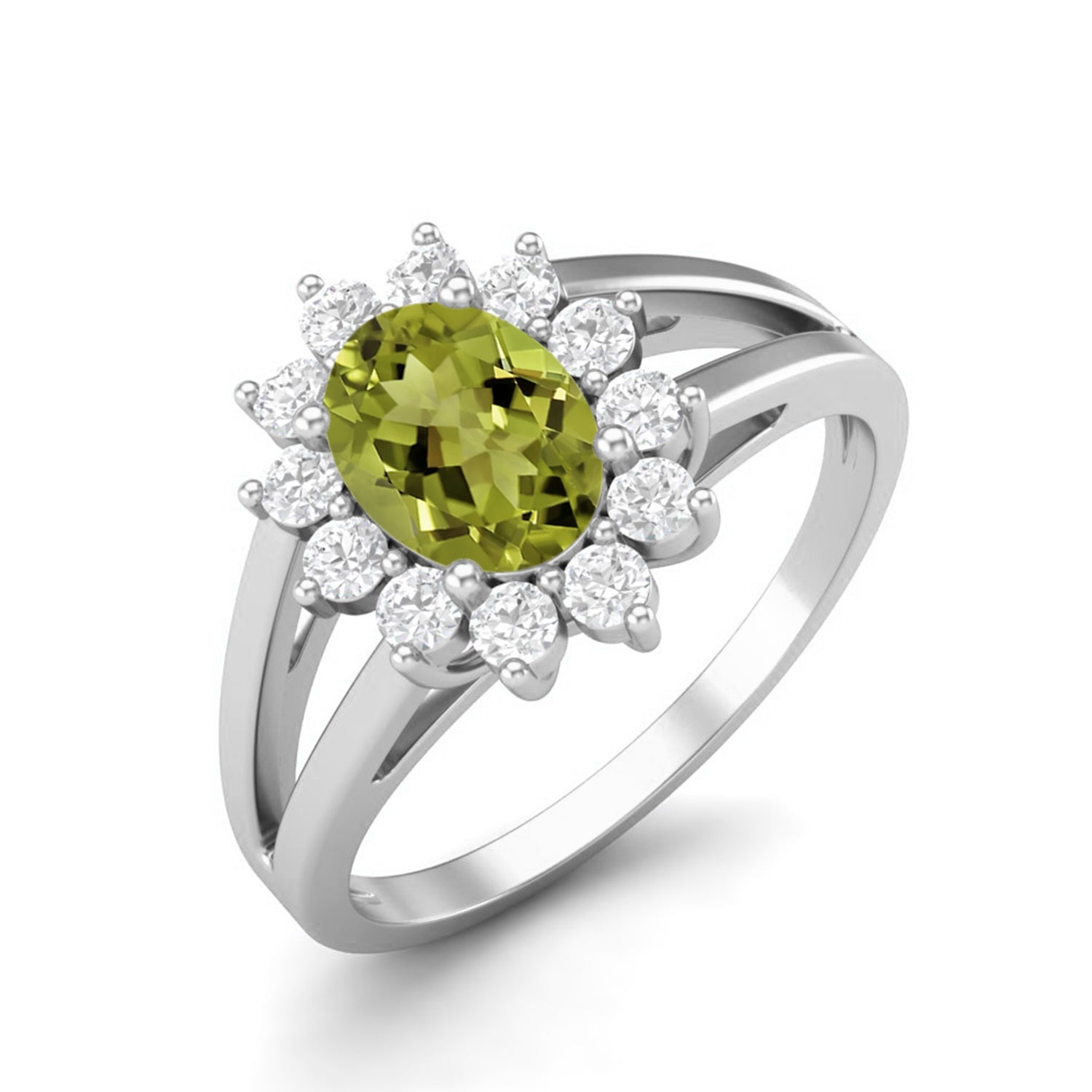 Anello con gambo diviso in peridoto e alone floreale - Argento Sterling