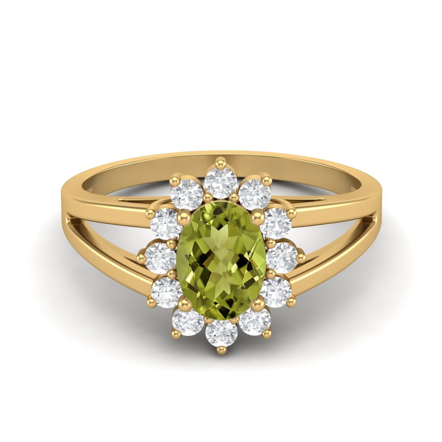 Anello con gambo diviso in peridoto e alone floreale - Argento Sterling