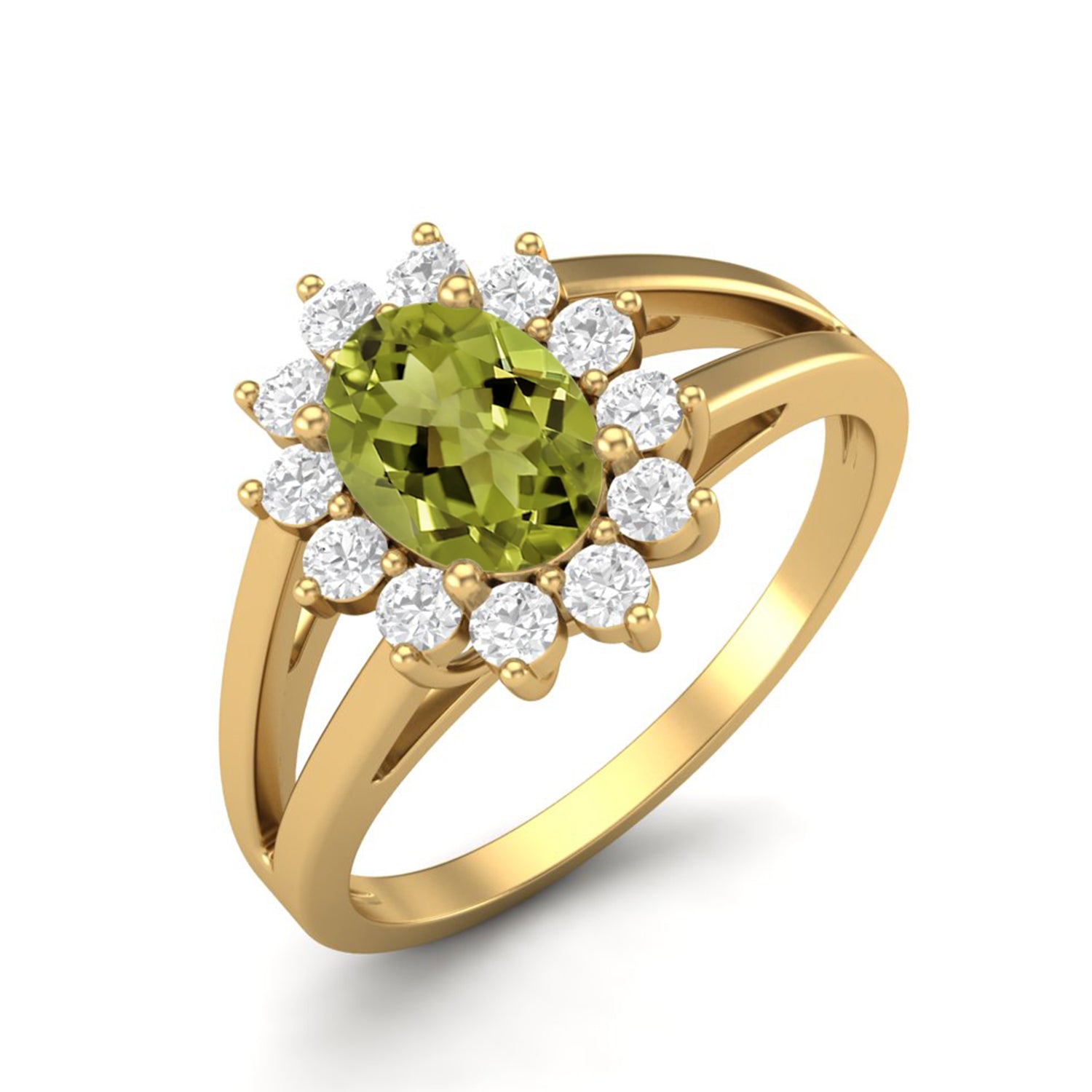 Anello con gambo diviso in peridoto e alone floreale - Argento Sterling
