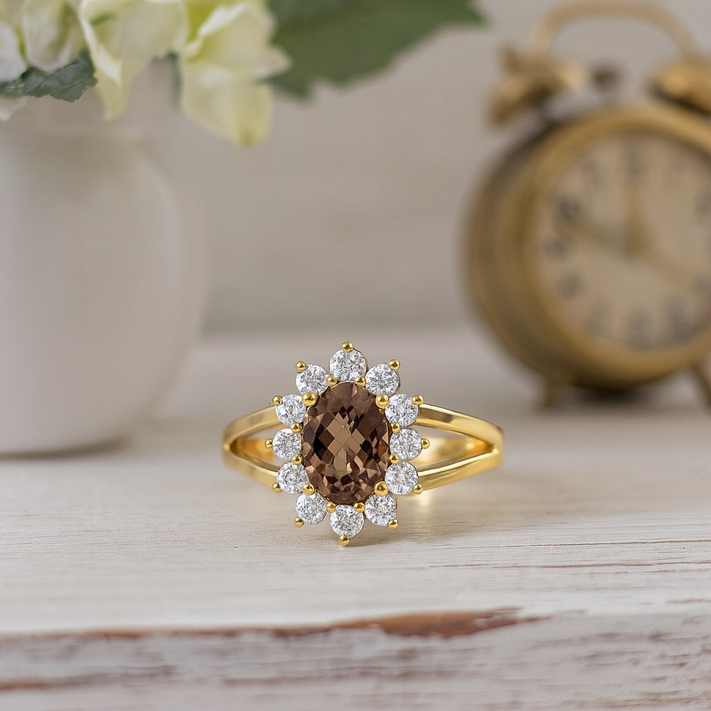 Smoky Quartz 1.00 Ct Oval Halo Split Shank Ring – 14K Yellow Gold