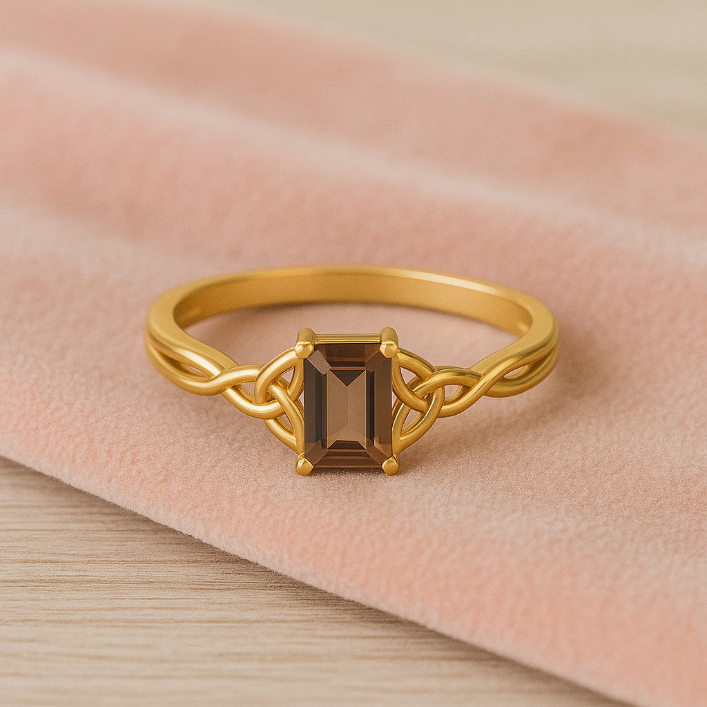 0.50 Ct Octagon Smoky Quartz Celtic Knot Ring - 14K Yellow Gold