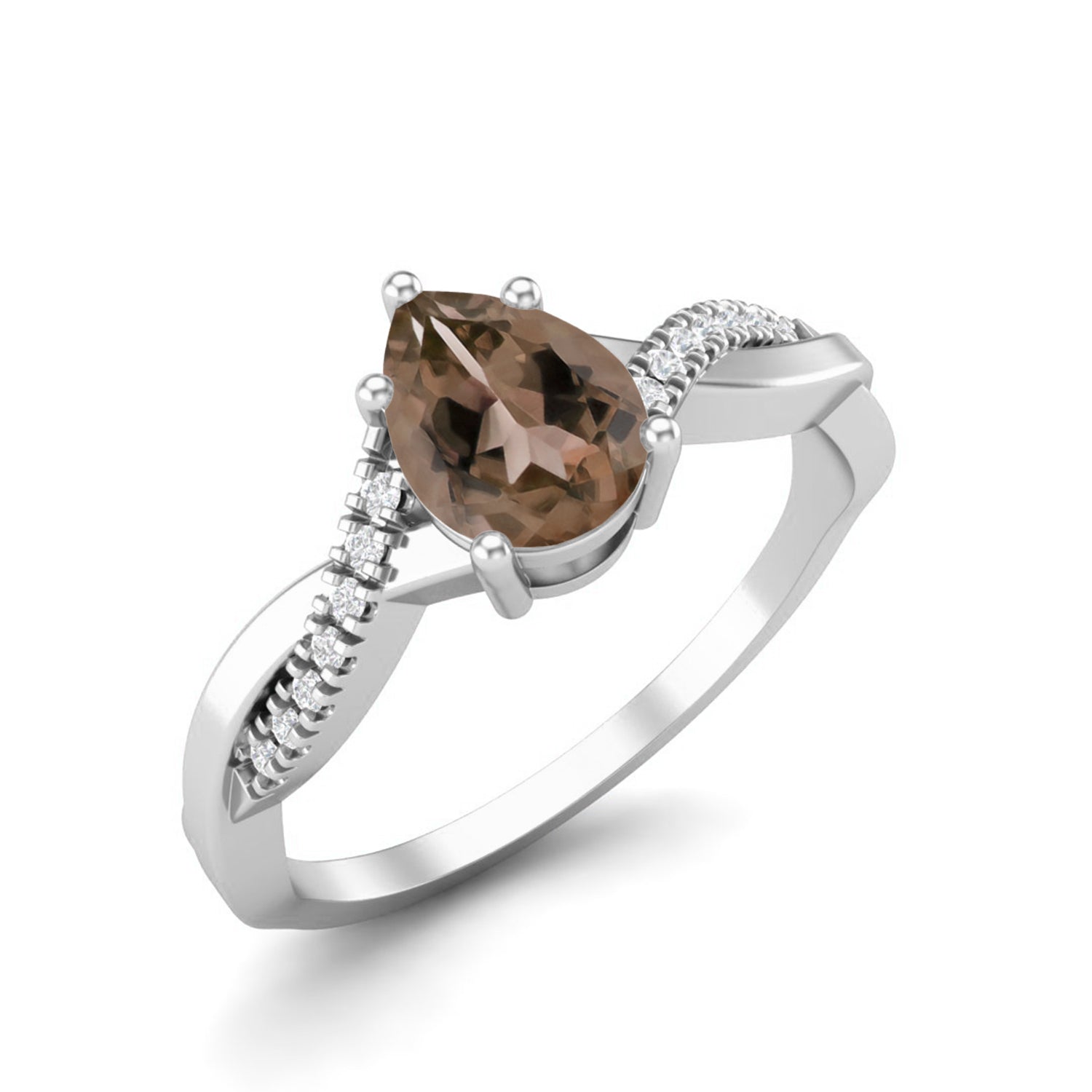 Smoky Quartz 0.75 Ct Pear Twisted Pavé Band Ring - 14K Yellow Gold